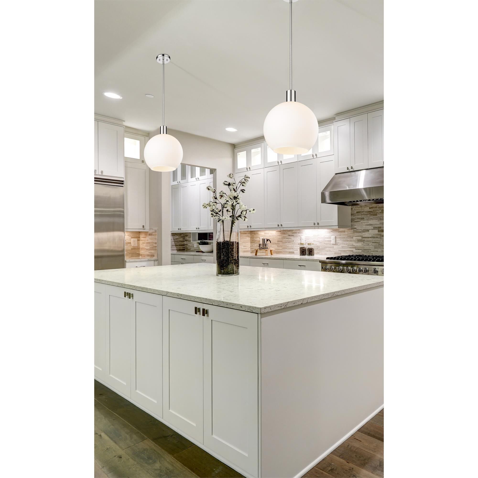 Shown in Polished Nickel finish and White glass and White shade