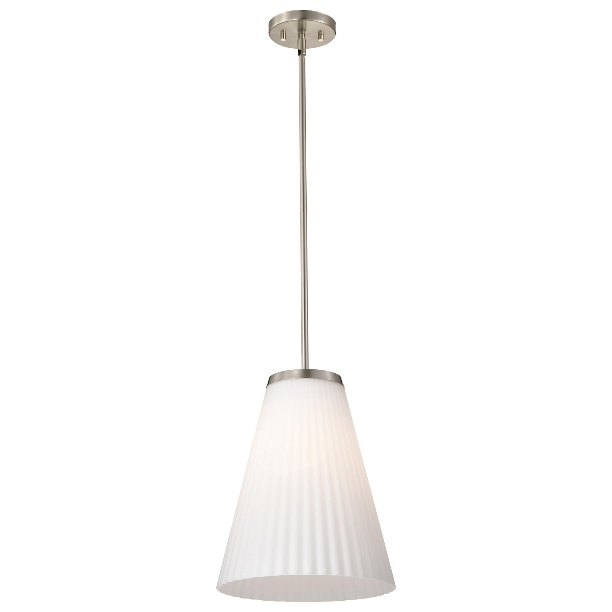Shown in Brushed Nickel finish and Ribbed White glass
