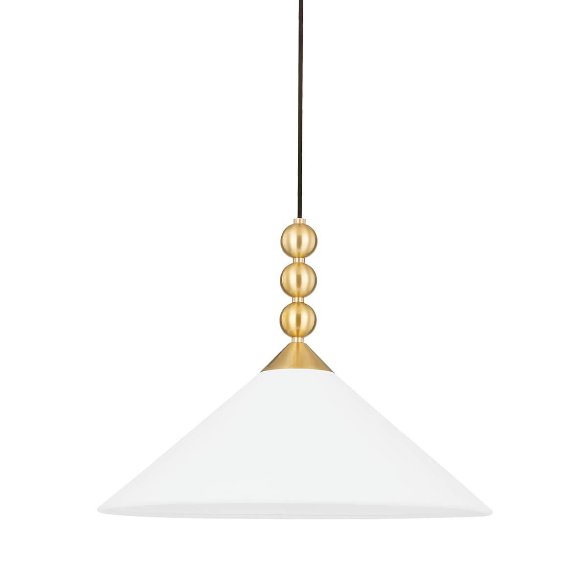 Shown in Aged Brass finish and White Linen shade