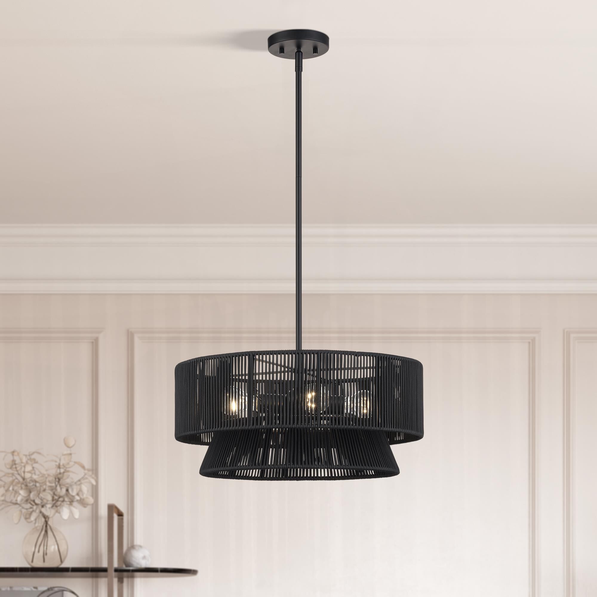 Shown in Black finish and Hand-Woven Parisian Night Color Polyester Rope shade