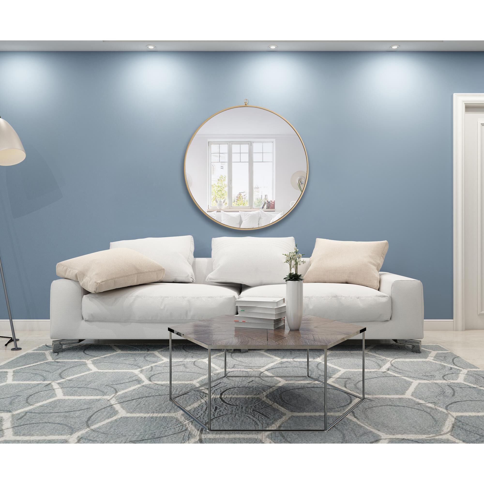 Shown in Brass finish and Clear Mirror Beveled glass