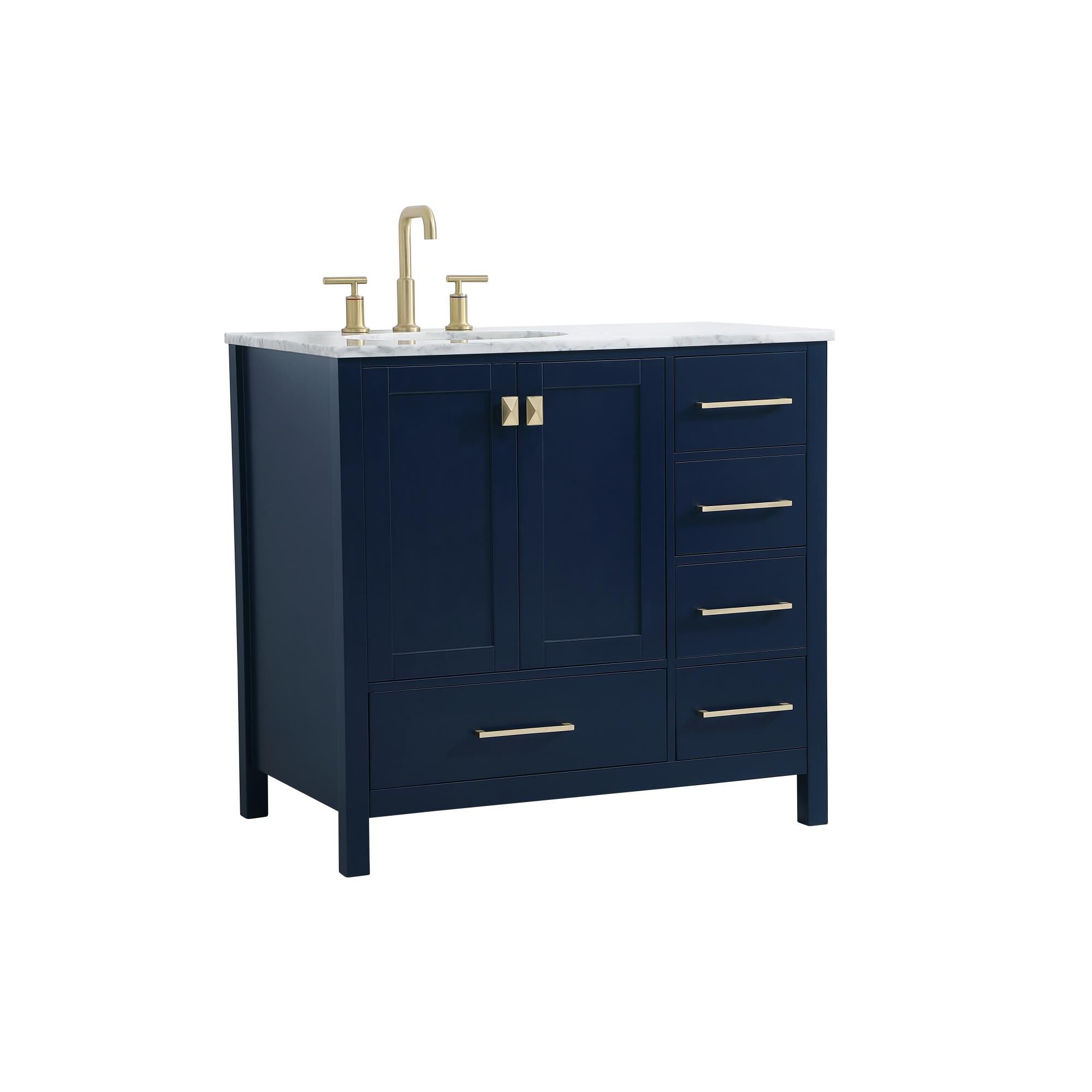 Shown in Blue And Gold With Carrara White Marble finish