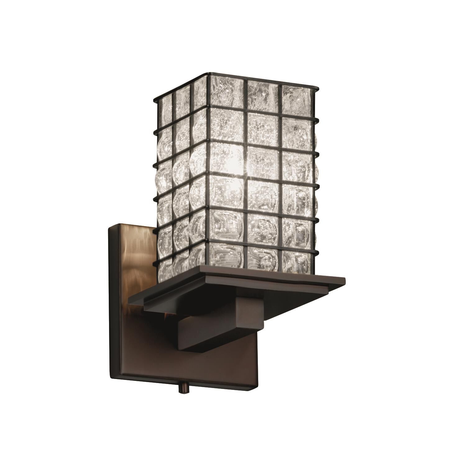 Shown in Dark Bronze finish and Grid with Clear Bubbles glass and Square with Flat Rim accent