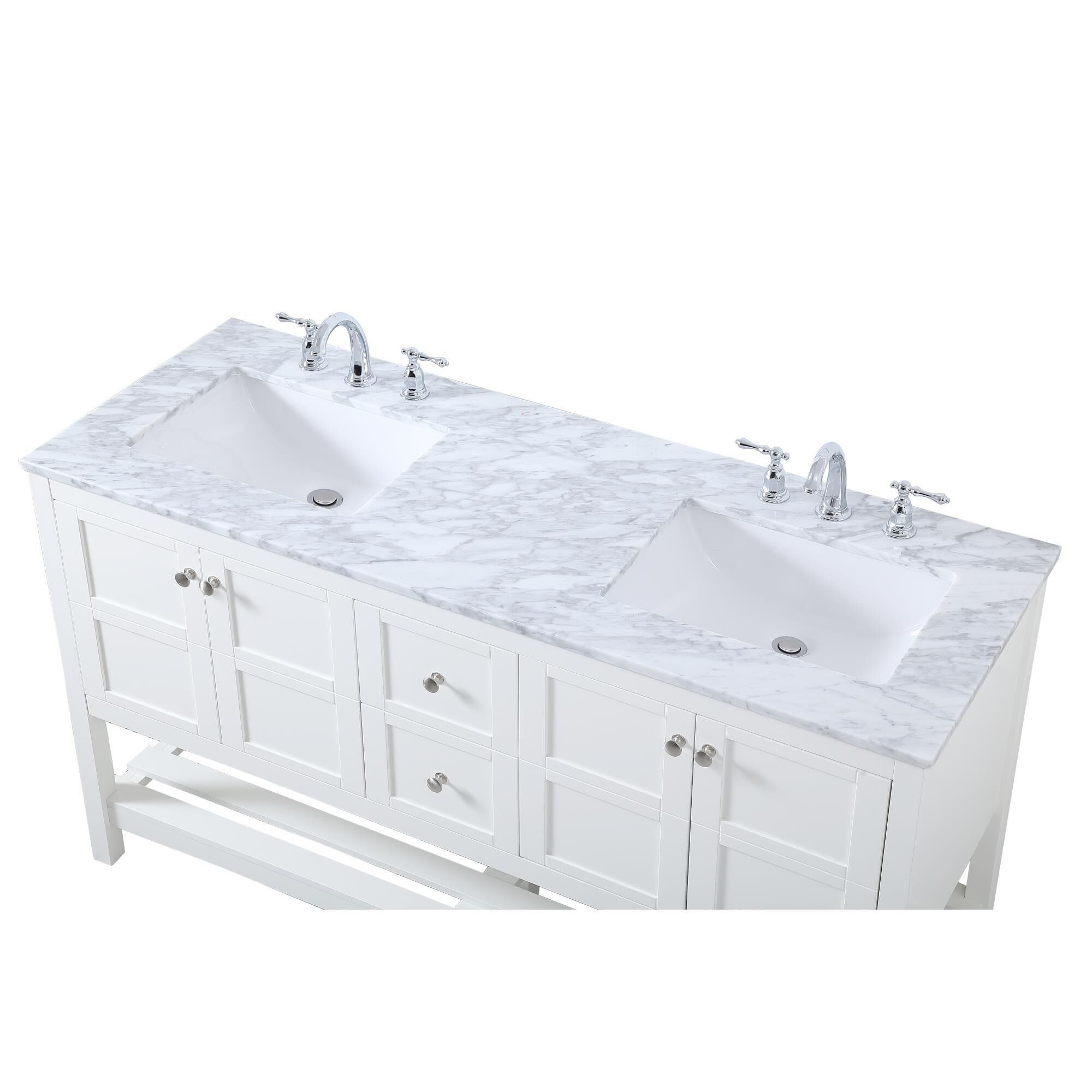 Shown in White And Brushed Nickel With Carrara White Marble finish