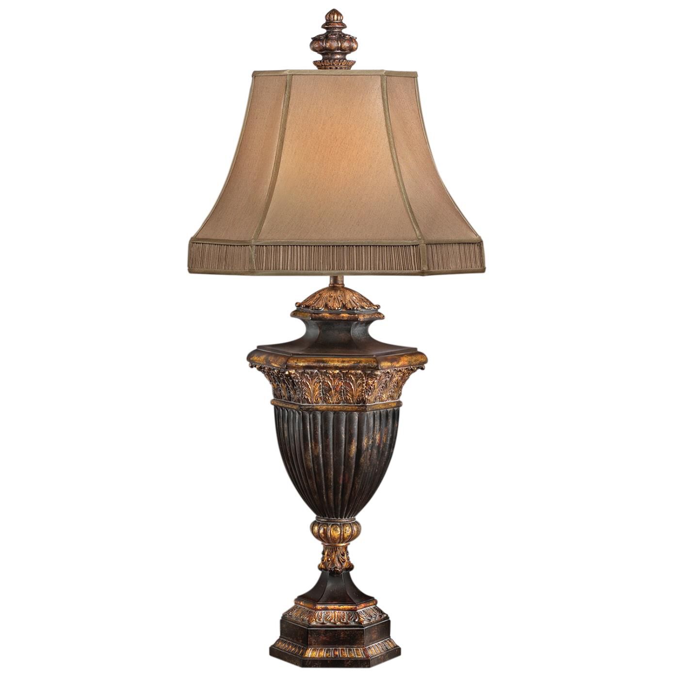 Shown in Antiqued Gold Leaf finish and Hand Sewn Silk shade