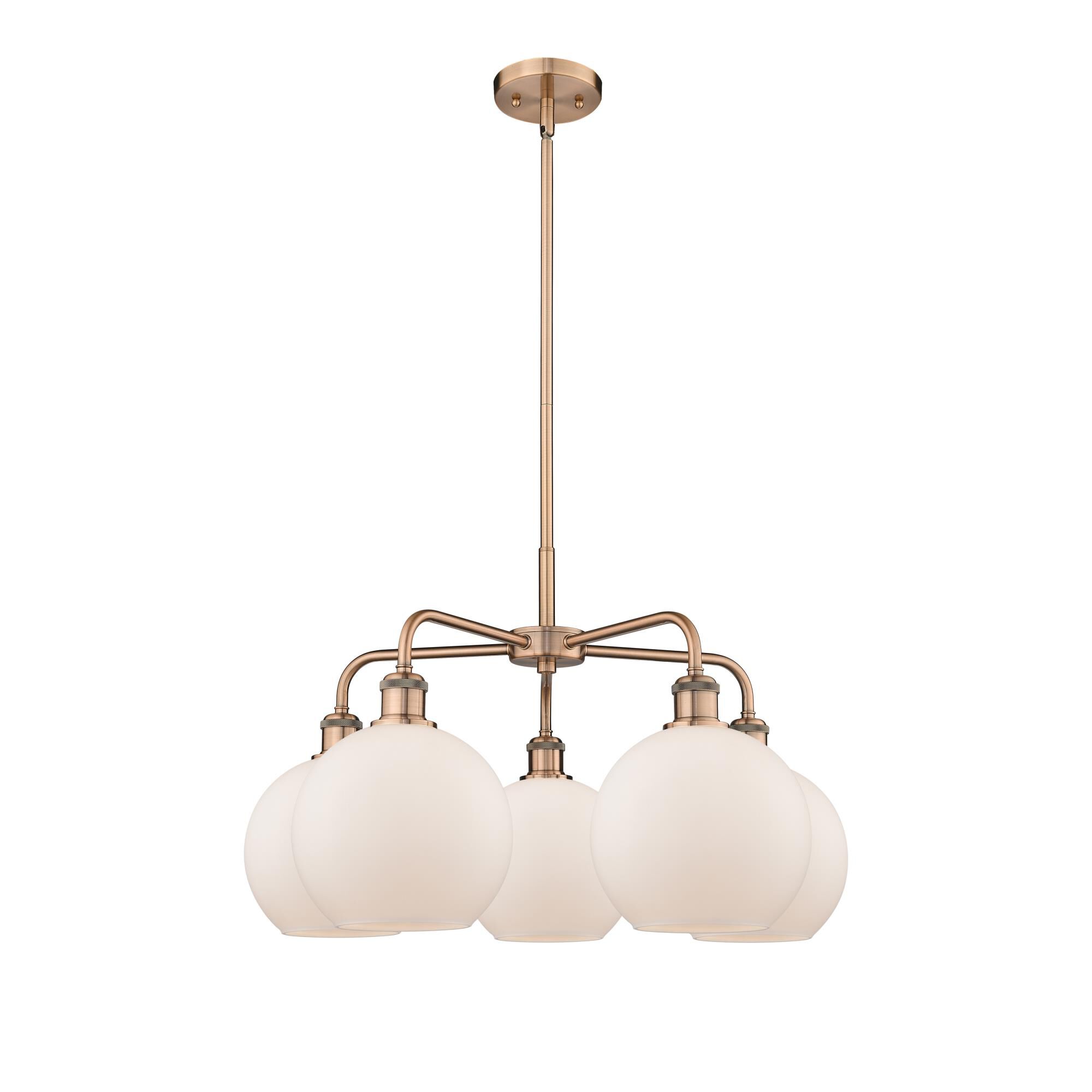 Shown in Antique Copper finish and Matte White glass