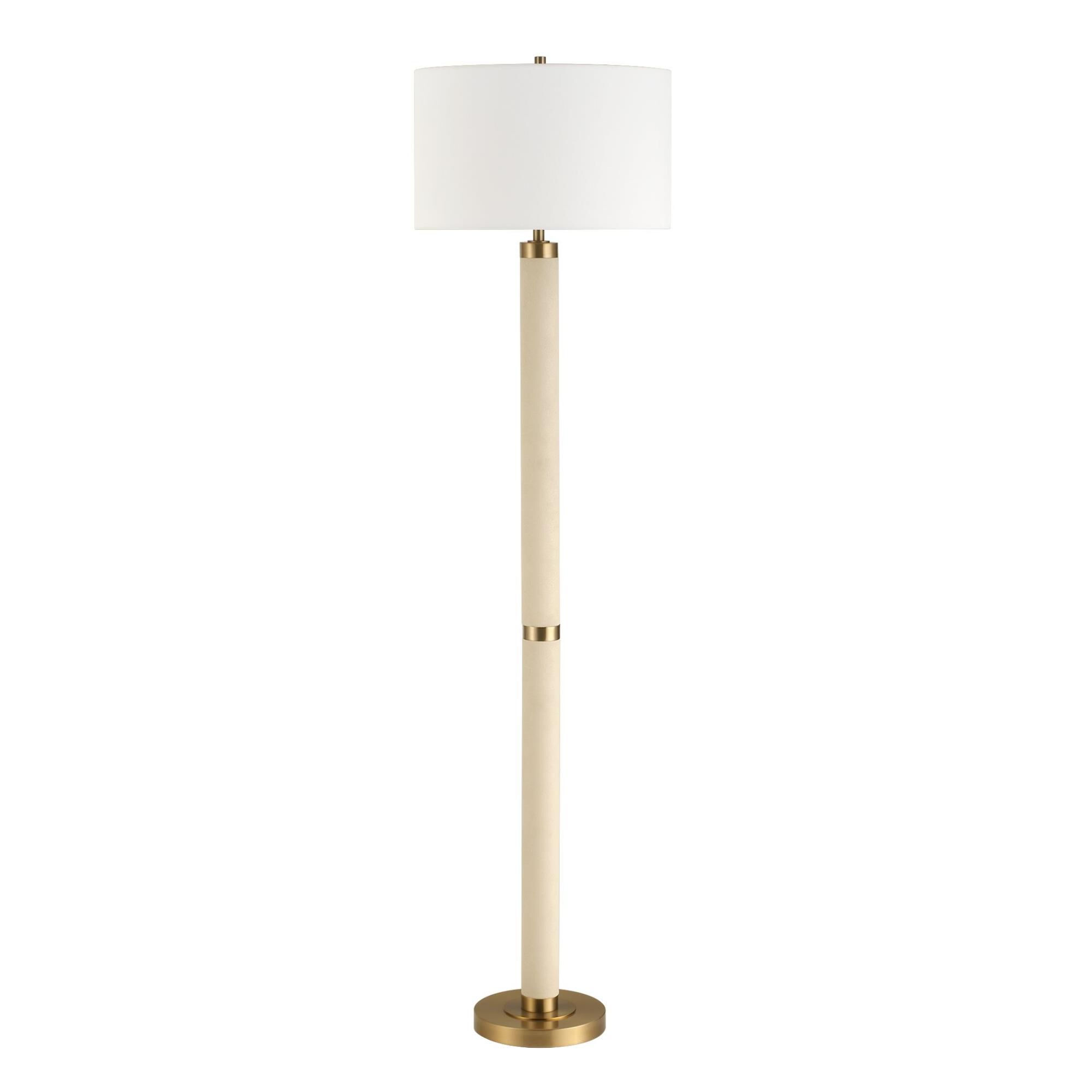 Shown in Brass, Gold and White finish and Round Hardback shade