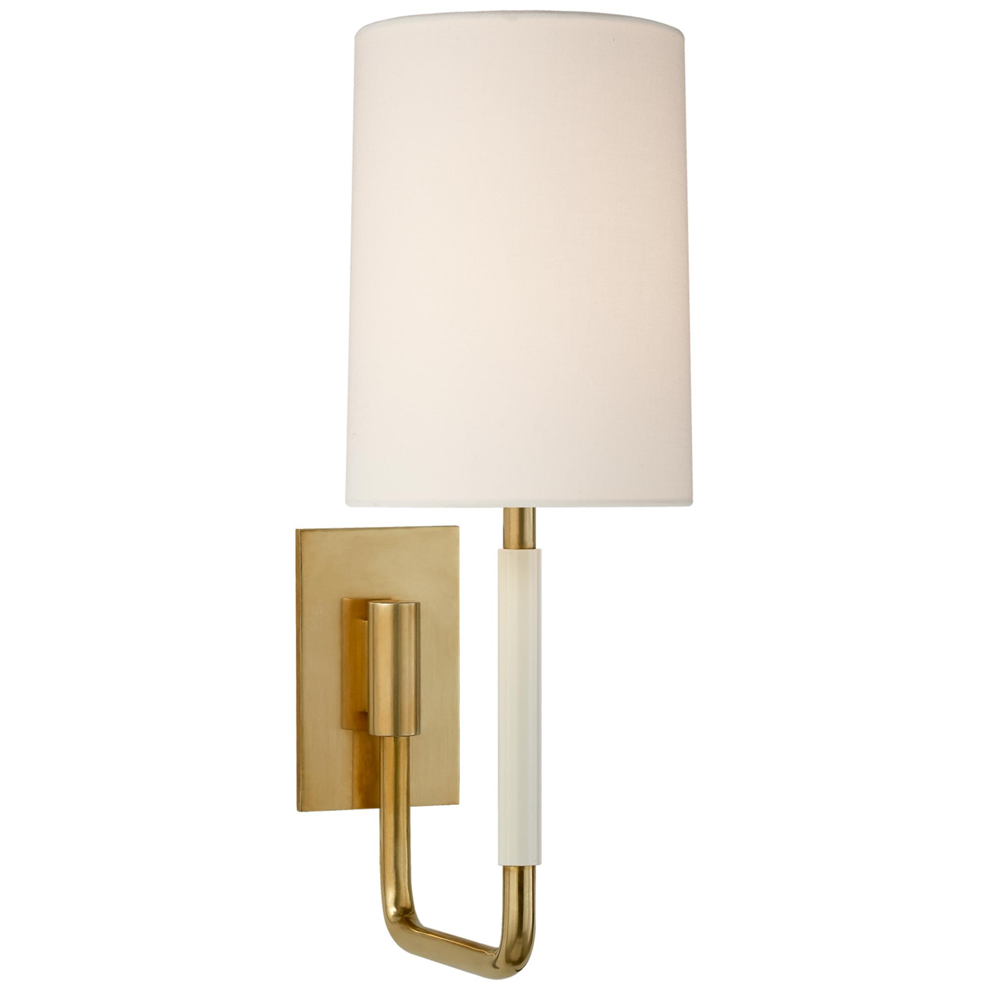 Shown in Soft Brass finish and Linen shade