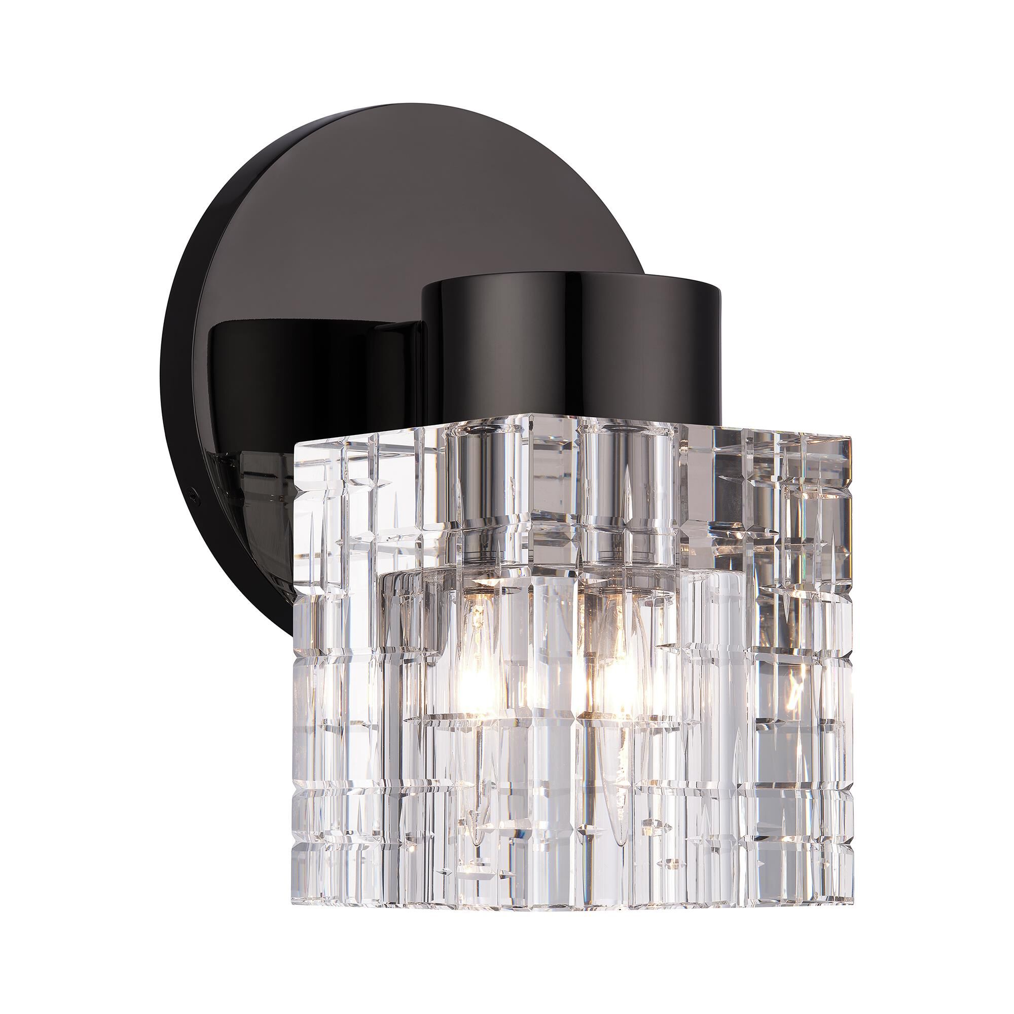 Shown in Black Chrome finish and Crystal glass