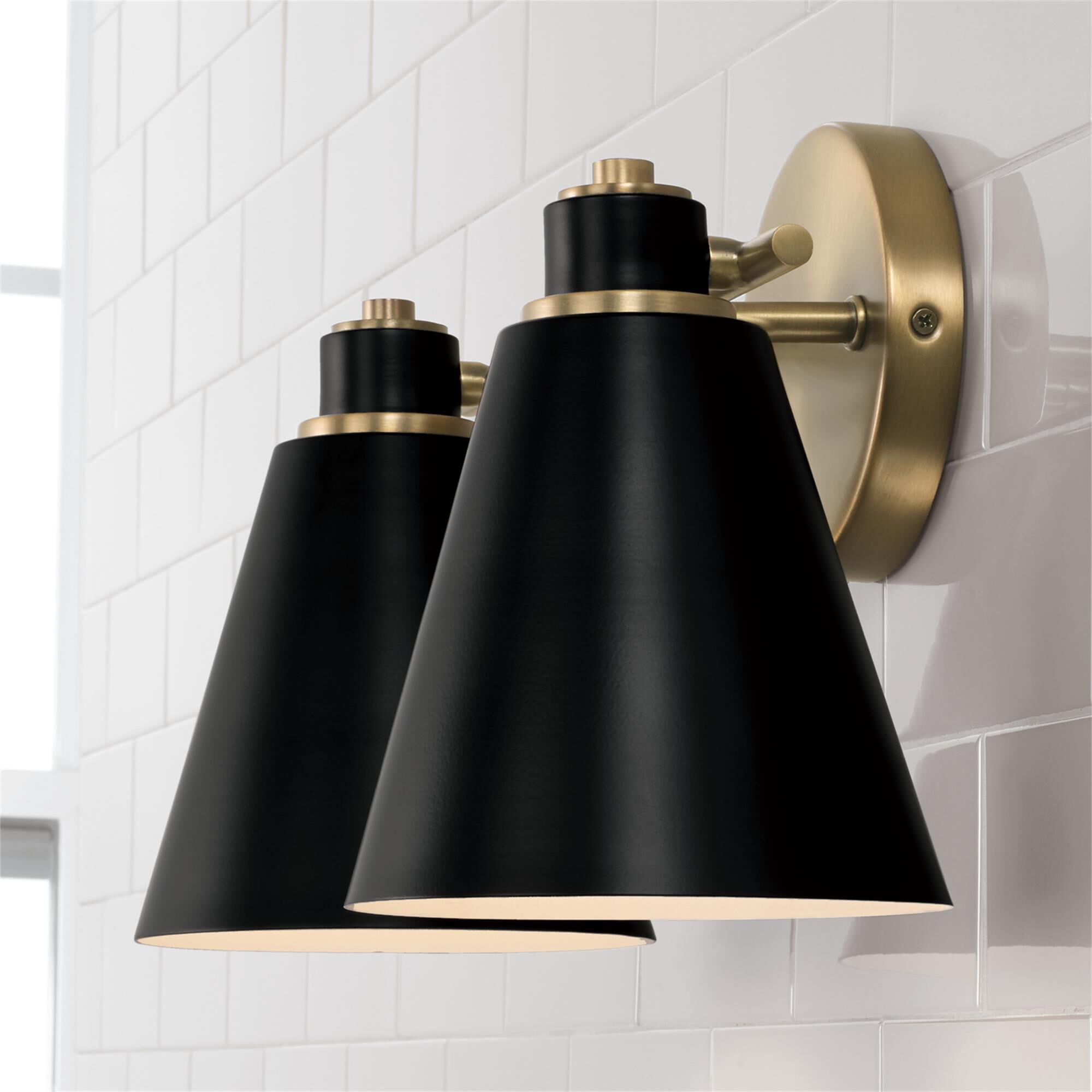 Shown in Aged Brass and Black finish and Black Metal  with White Interior shade