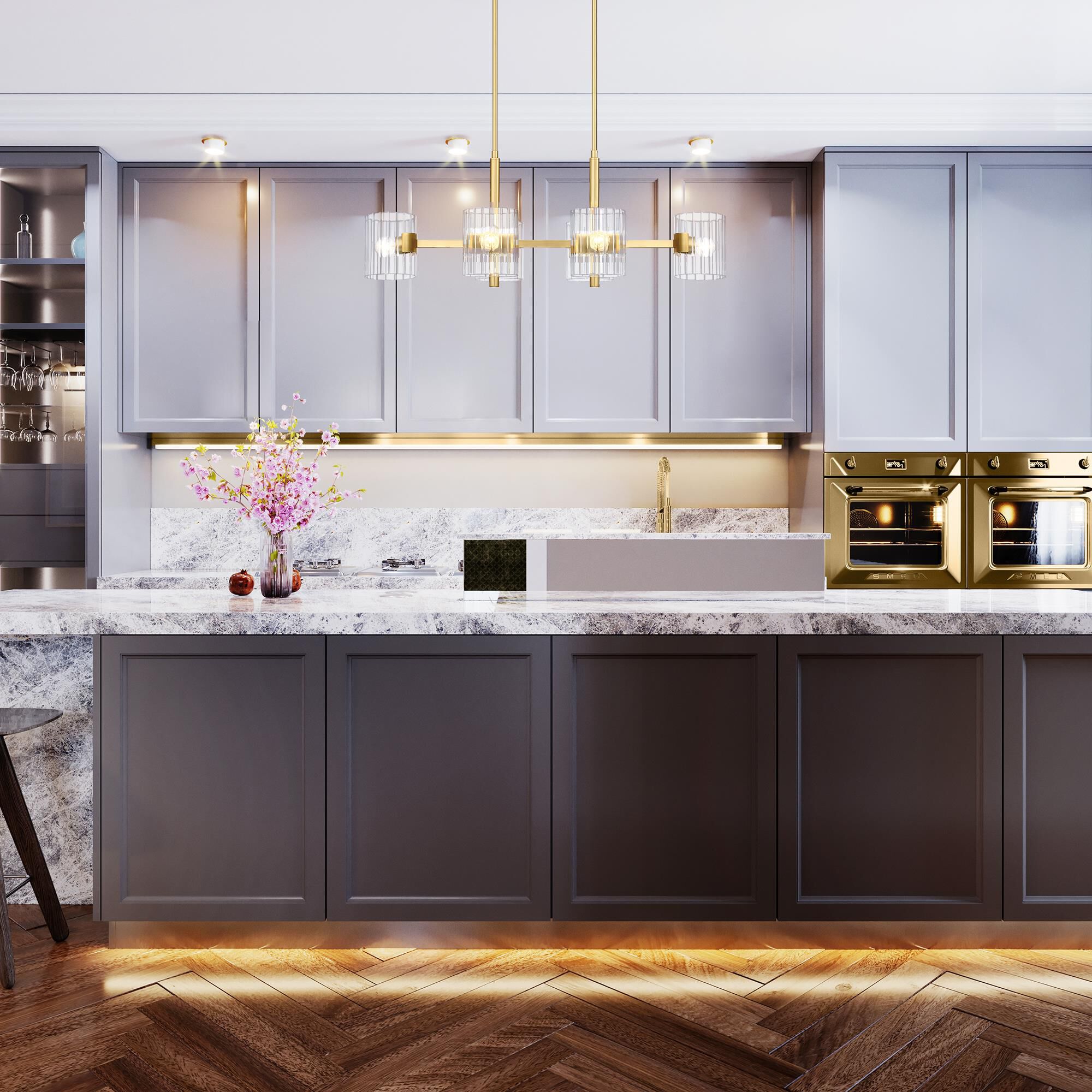 Shown in Brushed Gold finish and Clear Ribbed glass