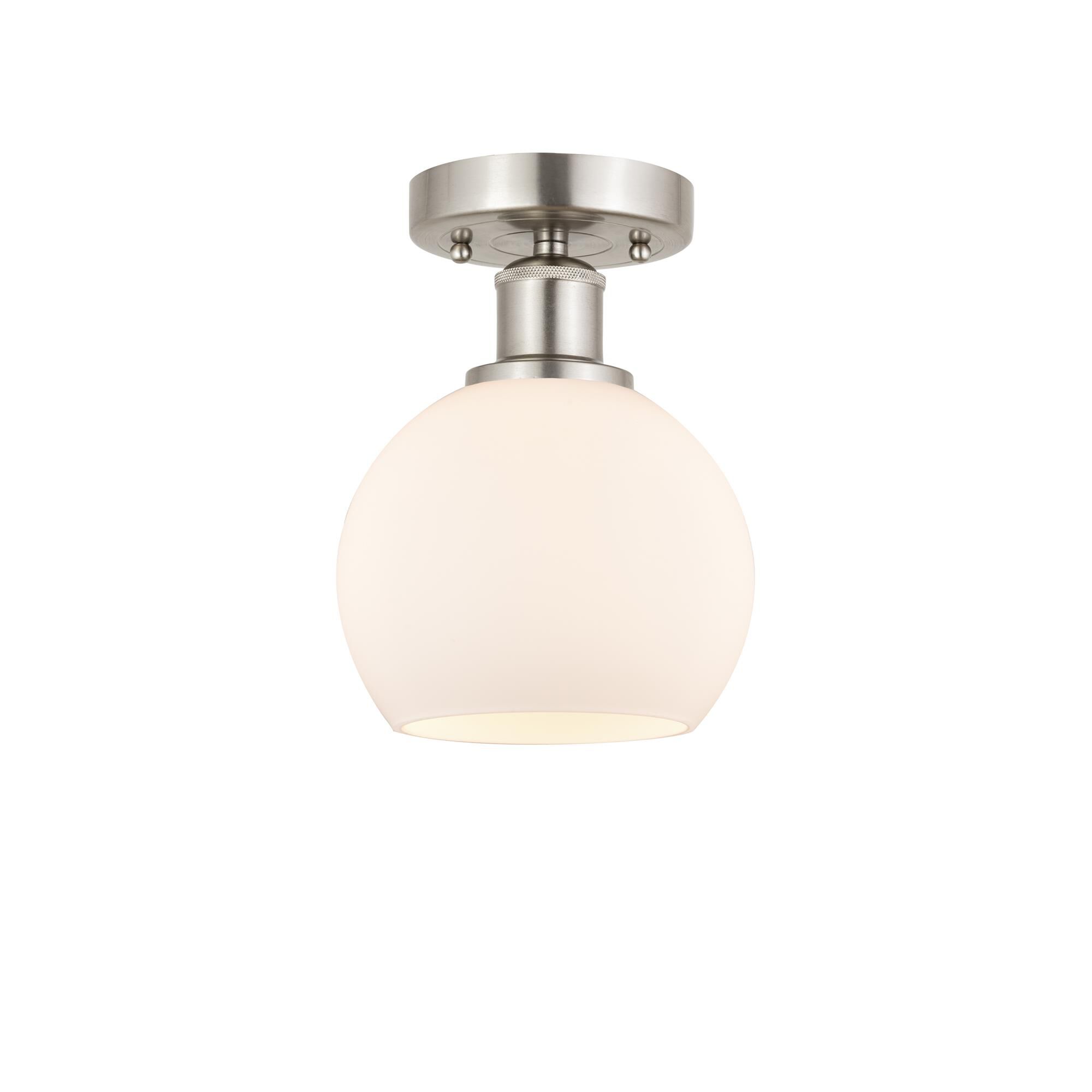 Shown in Brushed Satin Nickel finish and Matte White glass