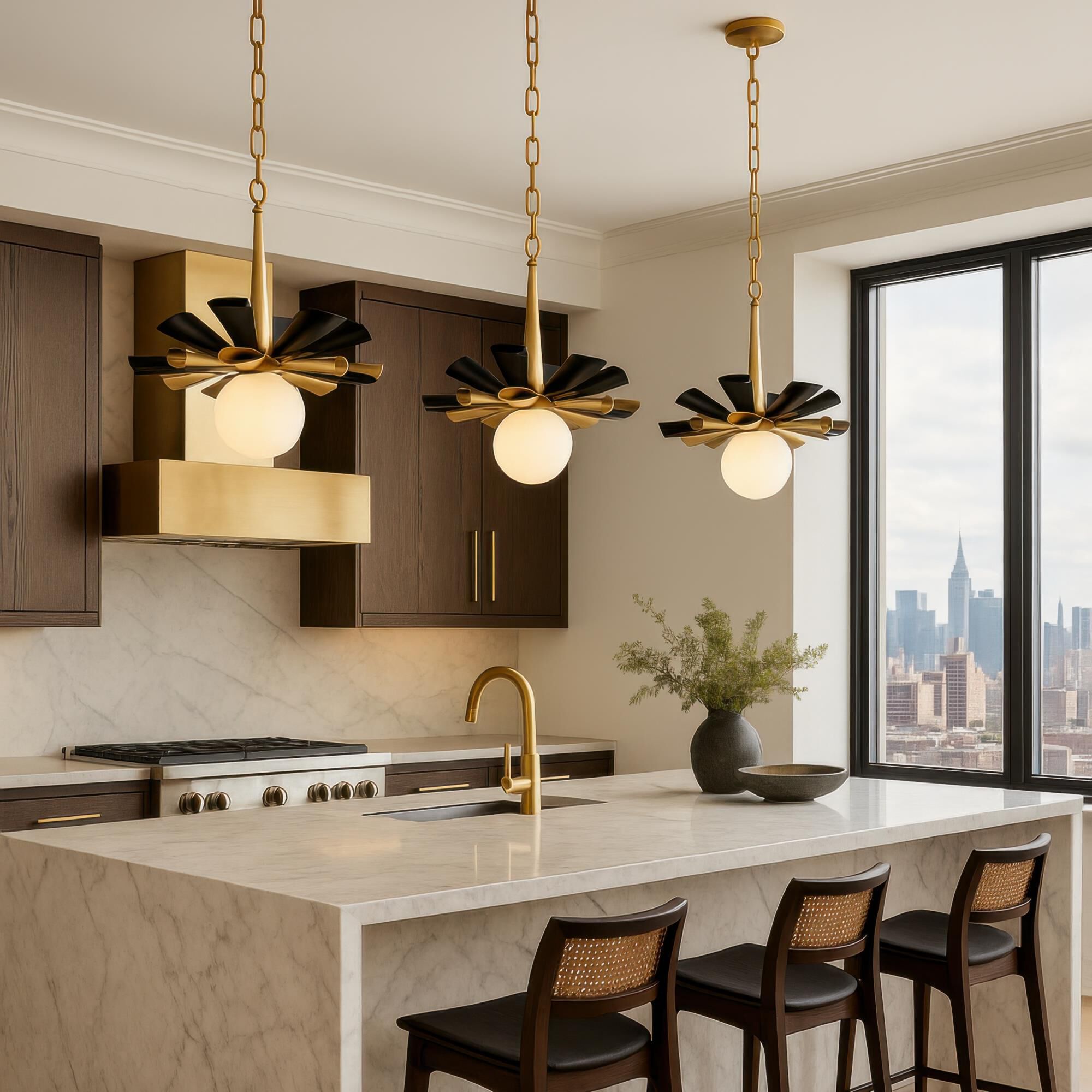 Shown in Black and Gold finish and Frosted Opal White glass