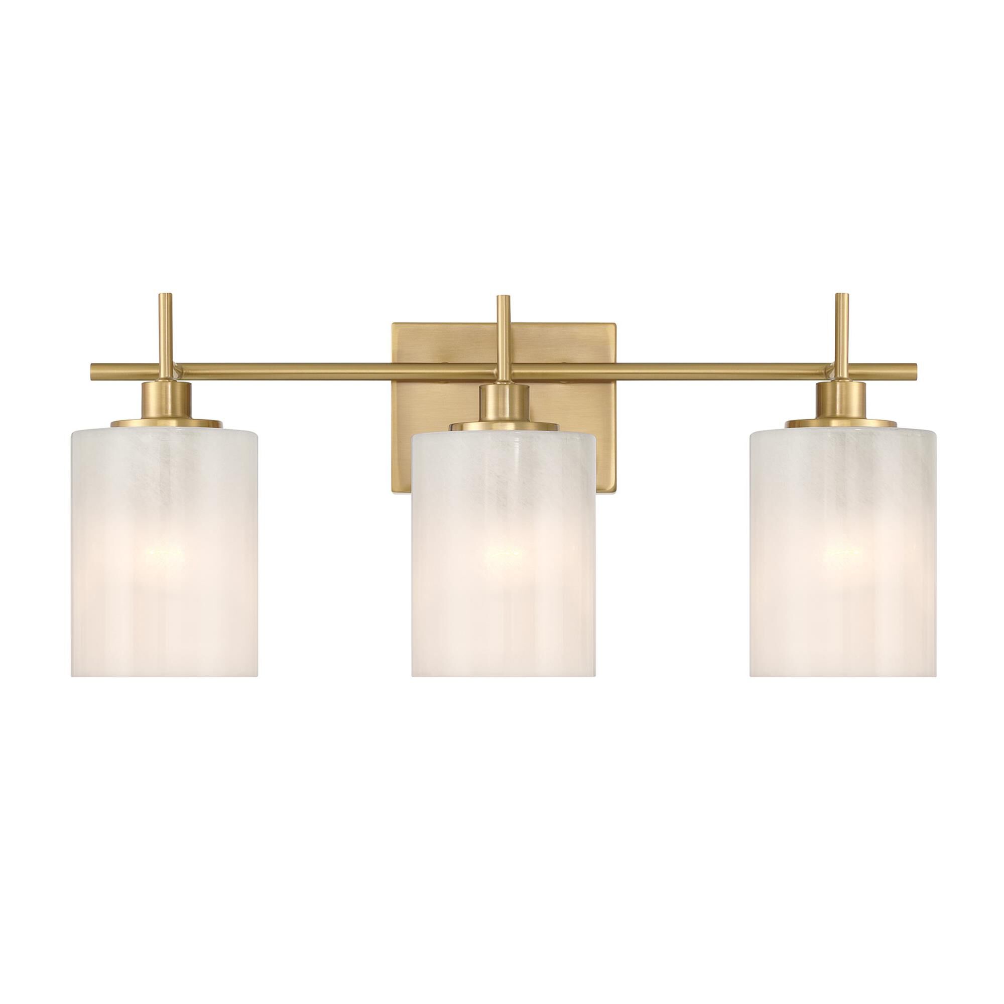 Shown in Natural Brass finish and White Strie glass and Glass shade
