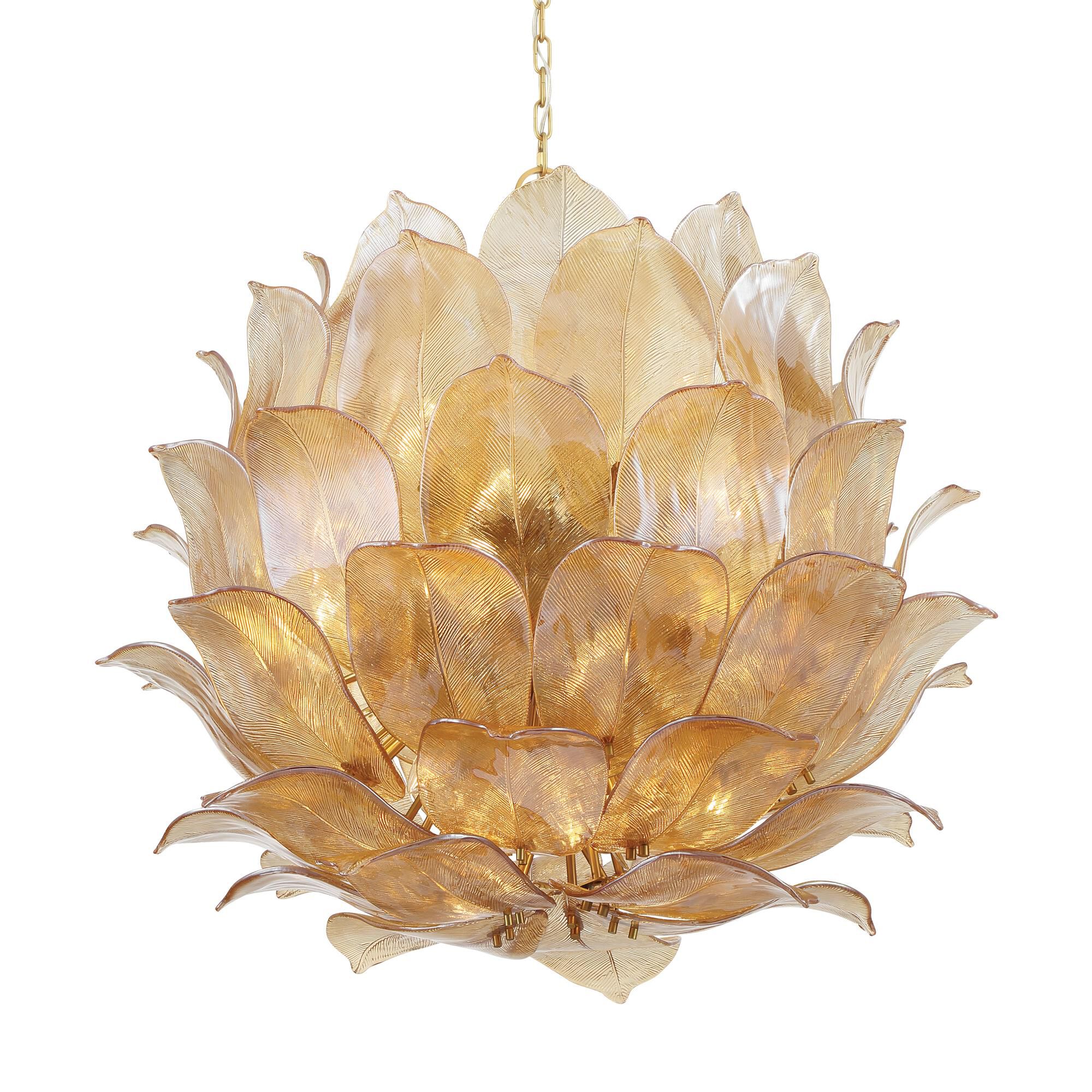 Shown in Legacy Brass finish and Amber Handmade glass