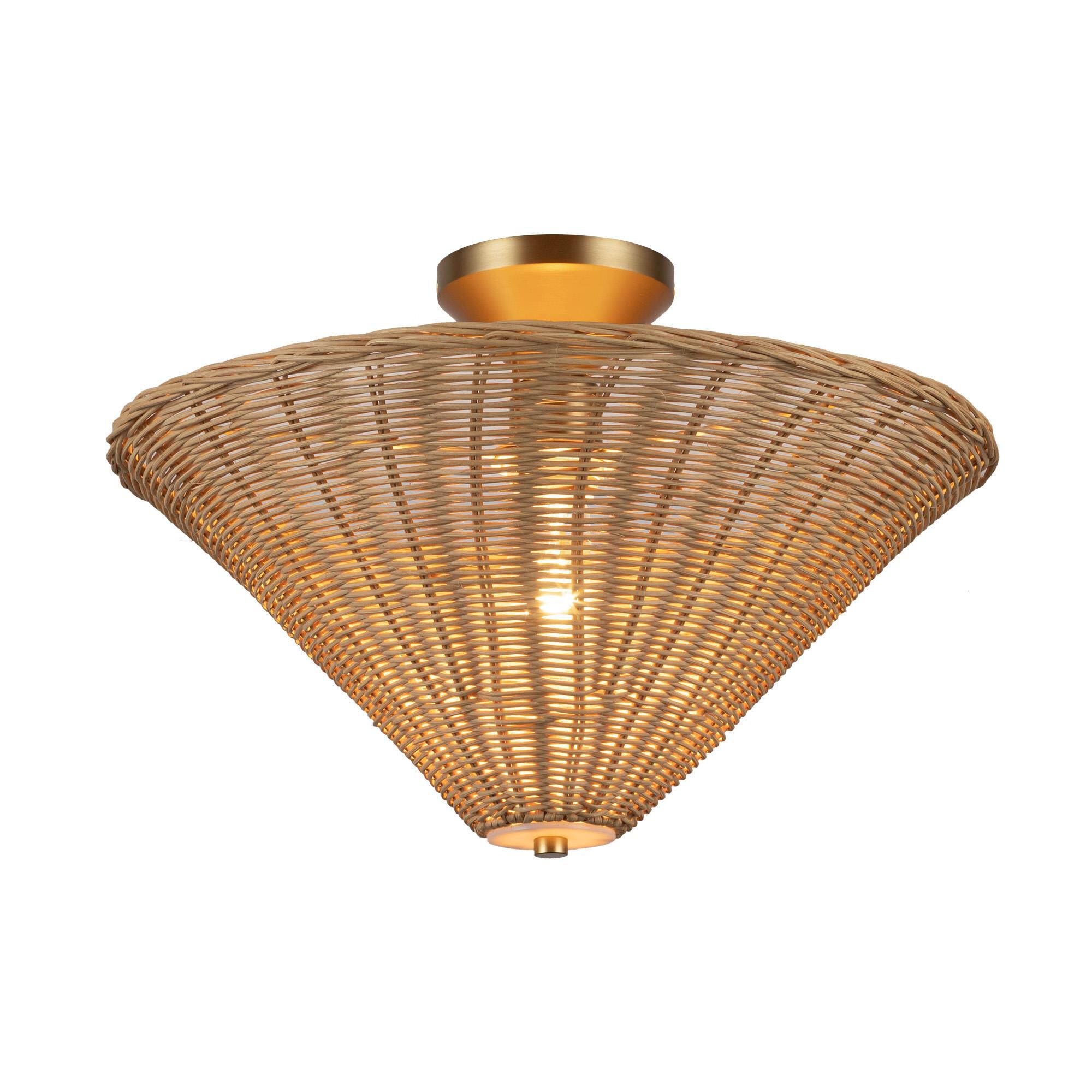 Shown in Brushed Gold finish and White Acrylic Diffuser glass and Rattan shade