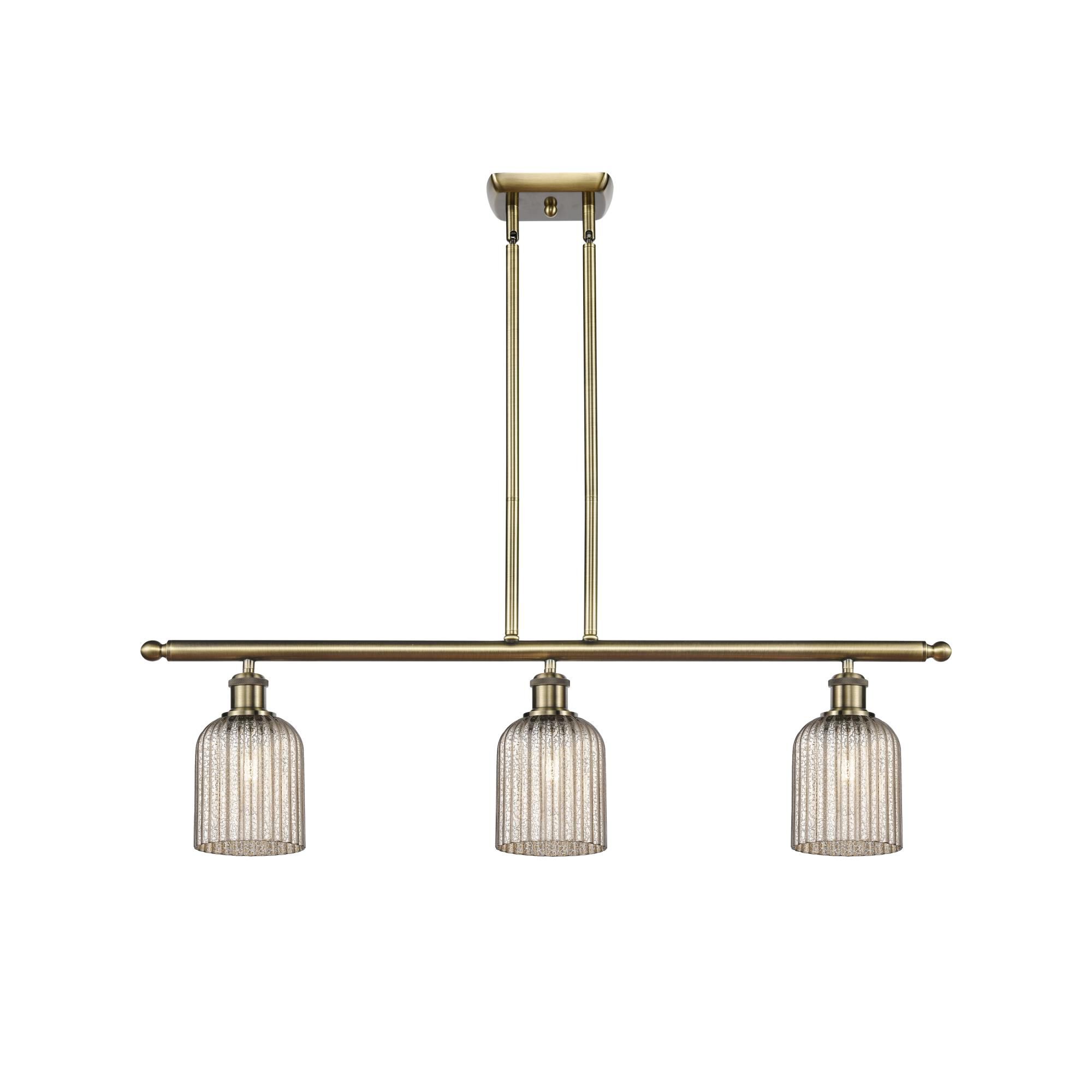 Shown in Antique Brass finish and Mercury shade