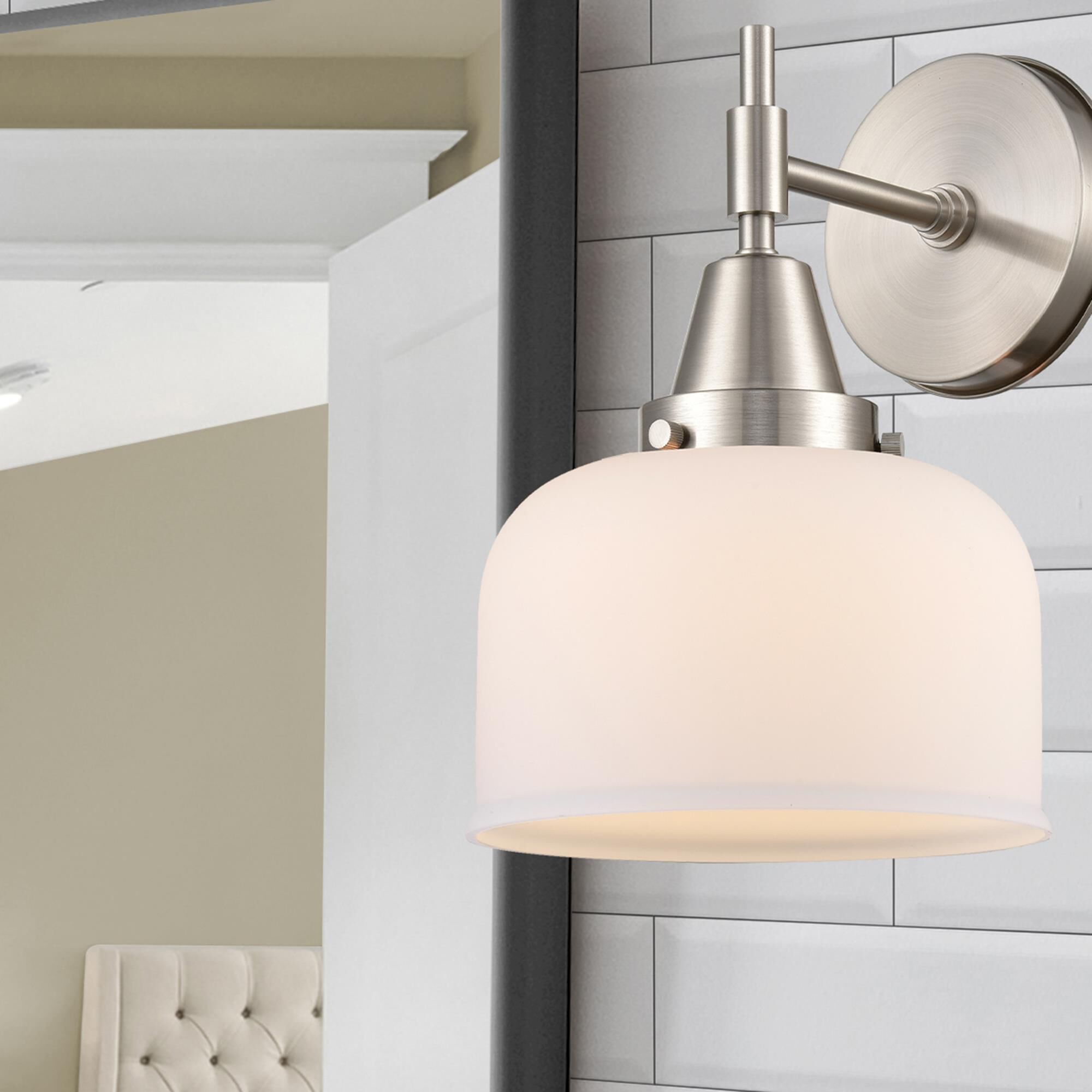 Shown in Satin Nickel finish and Matte White Cased Large Cone glass