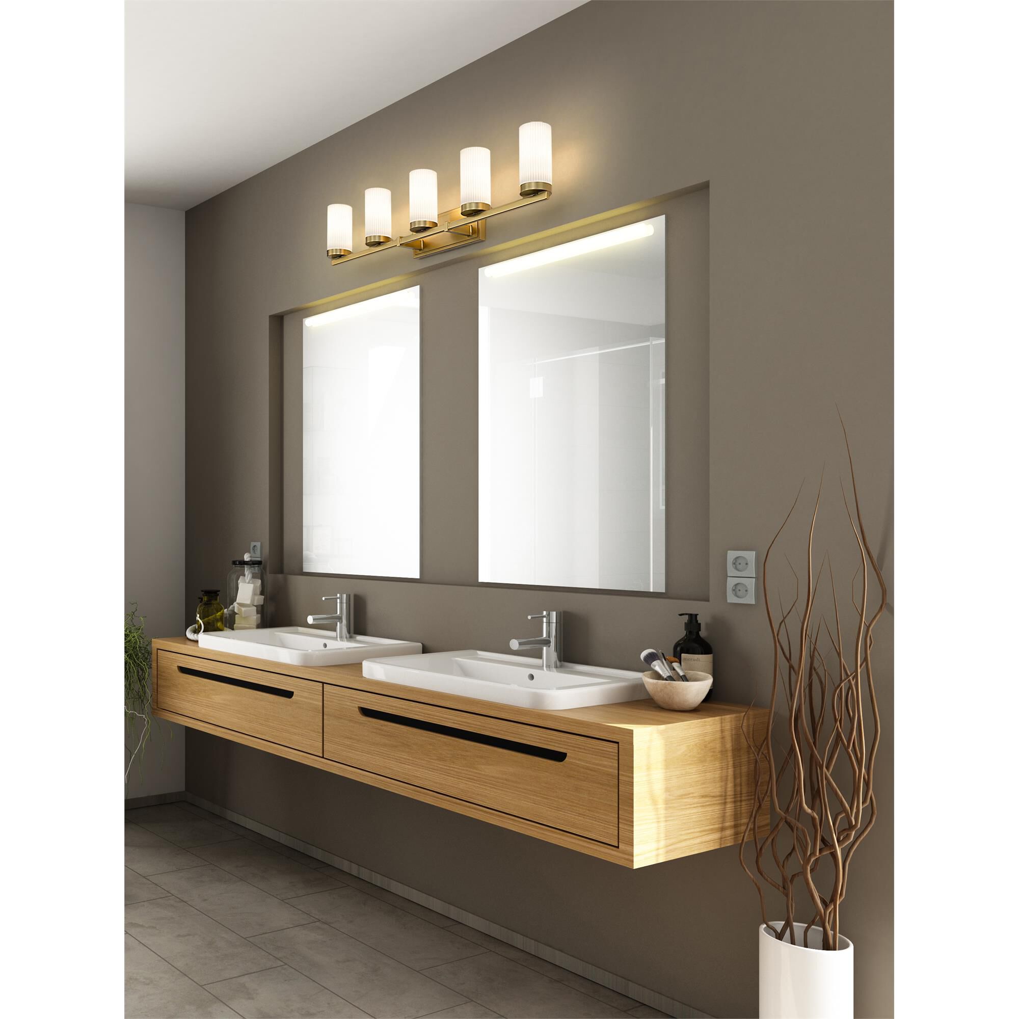 Shown in Modern Gold finish and White glass