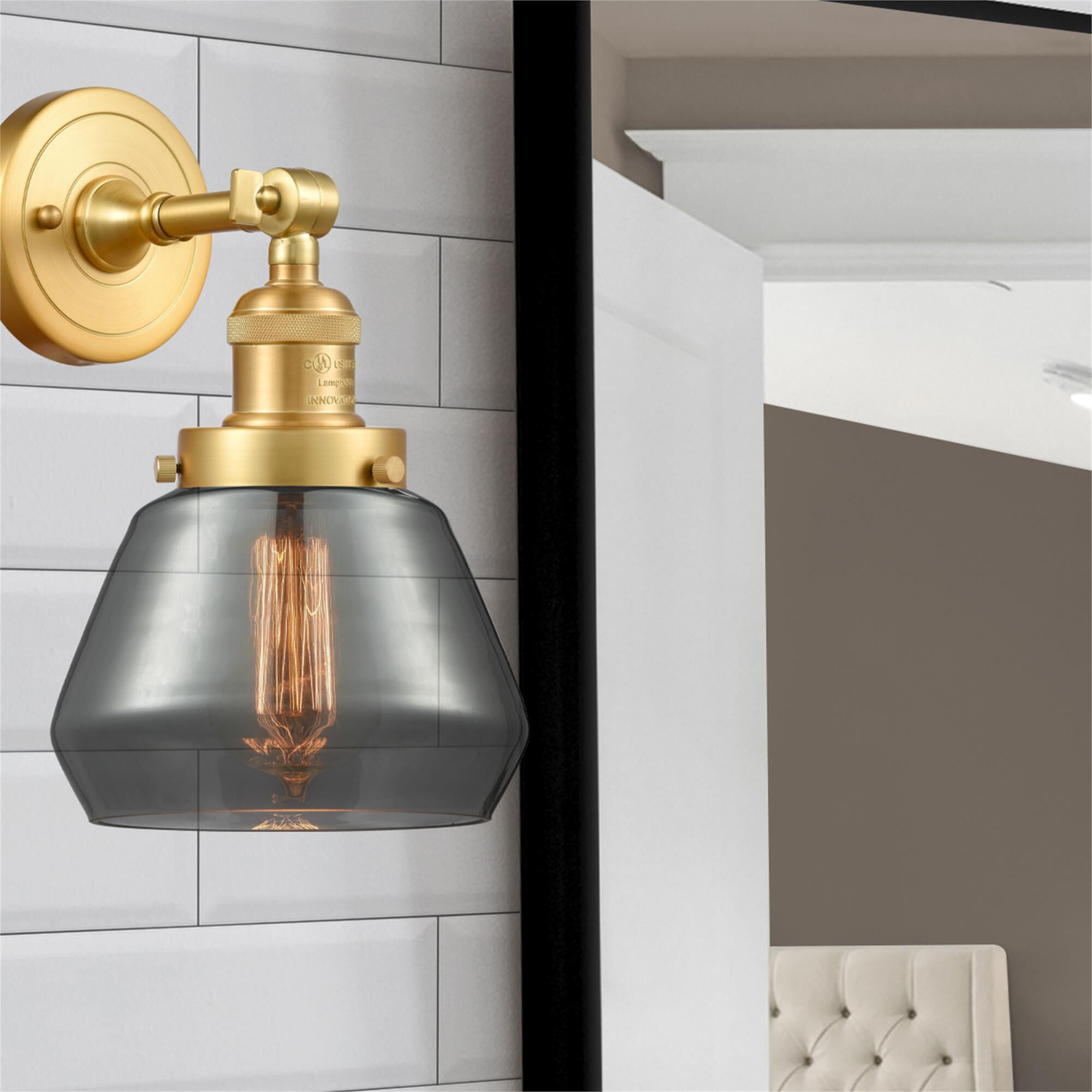 Shown in Satin Gold finish and Plated Smoke Fulton glass