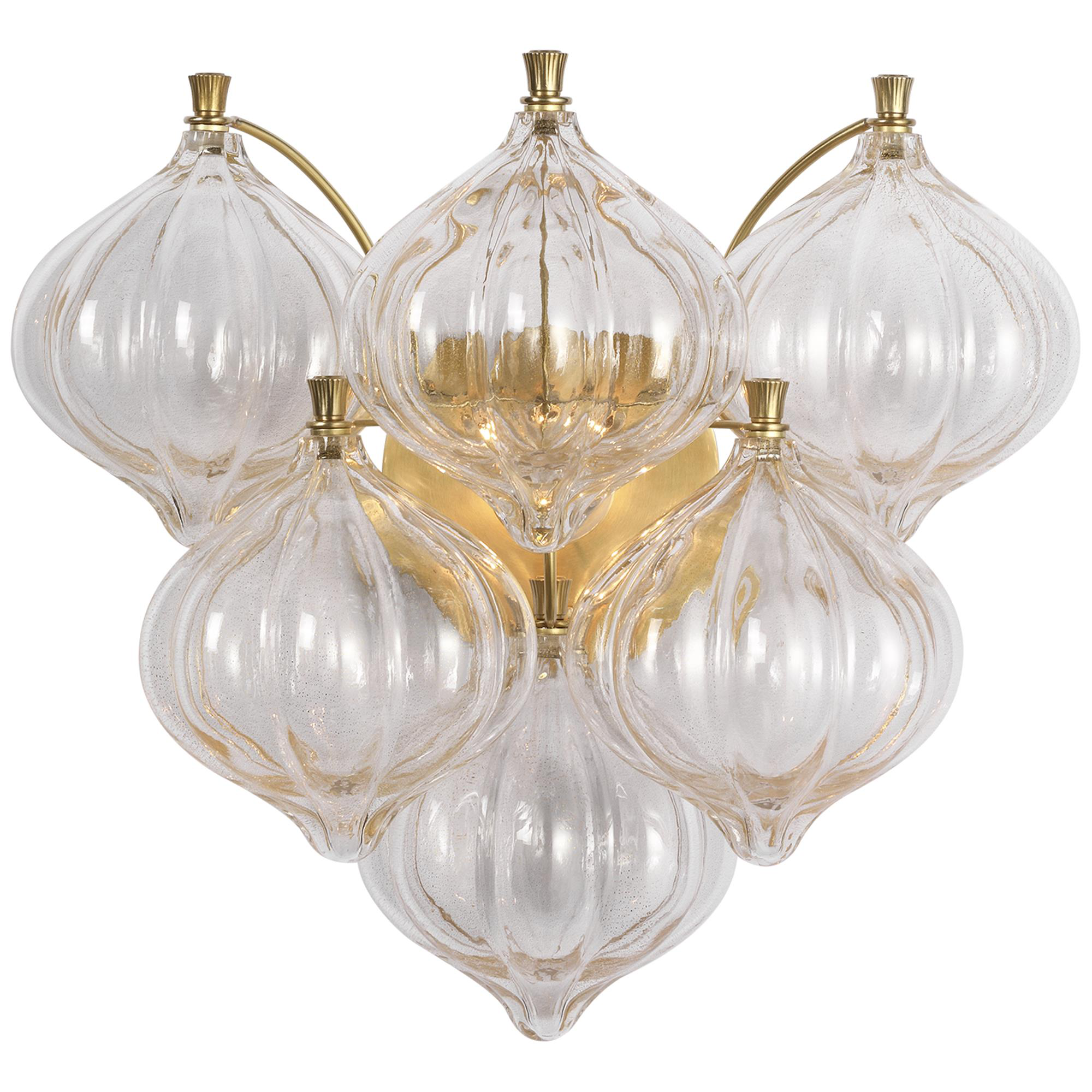 Shown in Hand-Rubbed Antique Brass finish and Gold Fleck glass