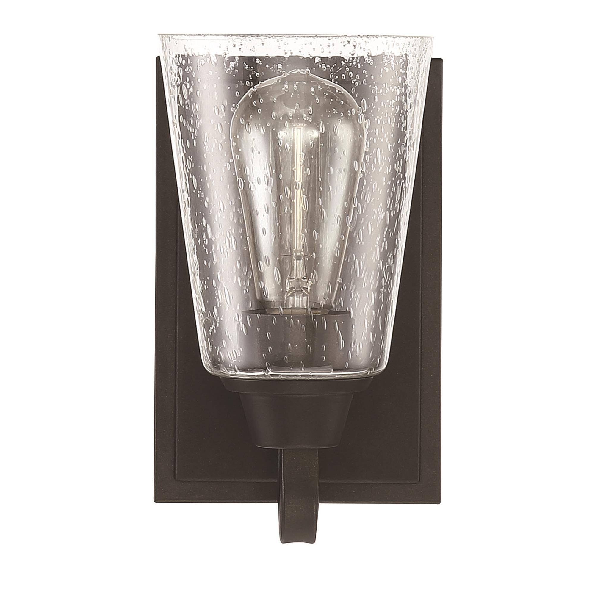 Shown in Espresso finish and Clear Seeded glass and Glass shade