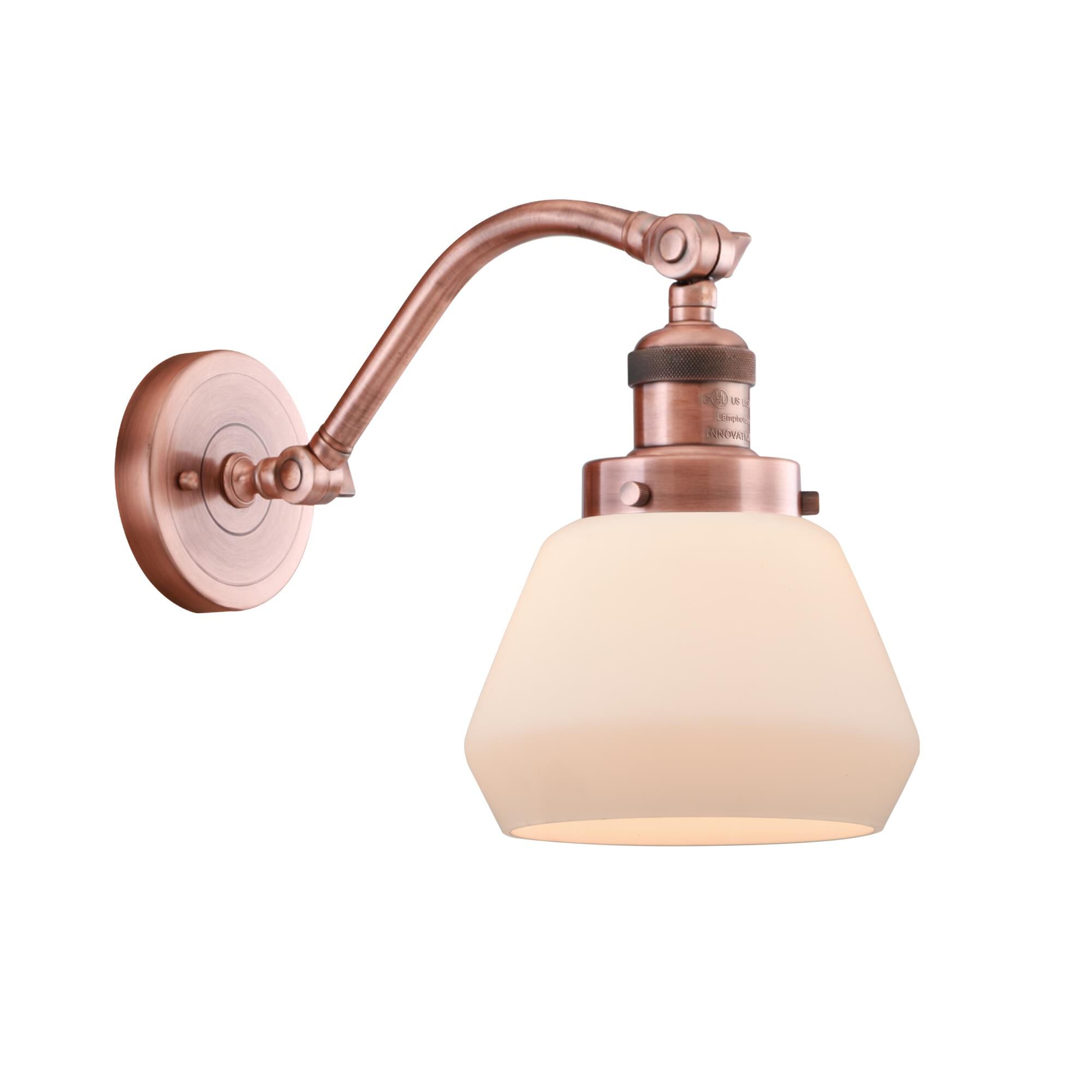 Shown in Antique Copper finish and Matte White Cased Fulton glass