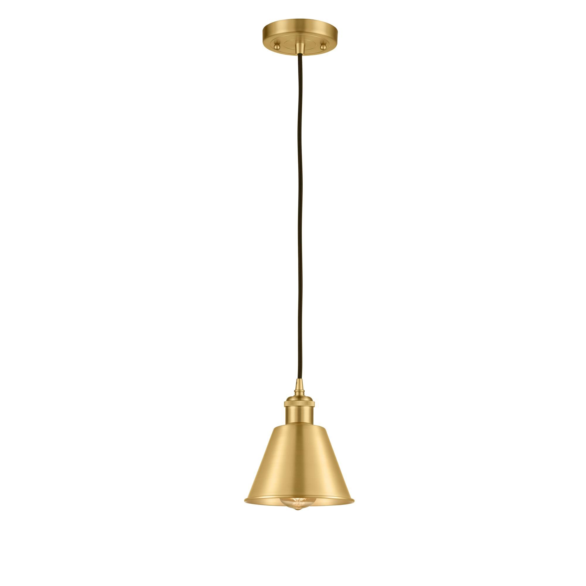 Shown in Satin Gold finish and Satin Gold glass and Matte Black Smithfield shade and Polished Chrome accent