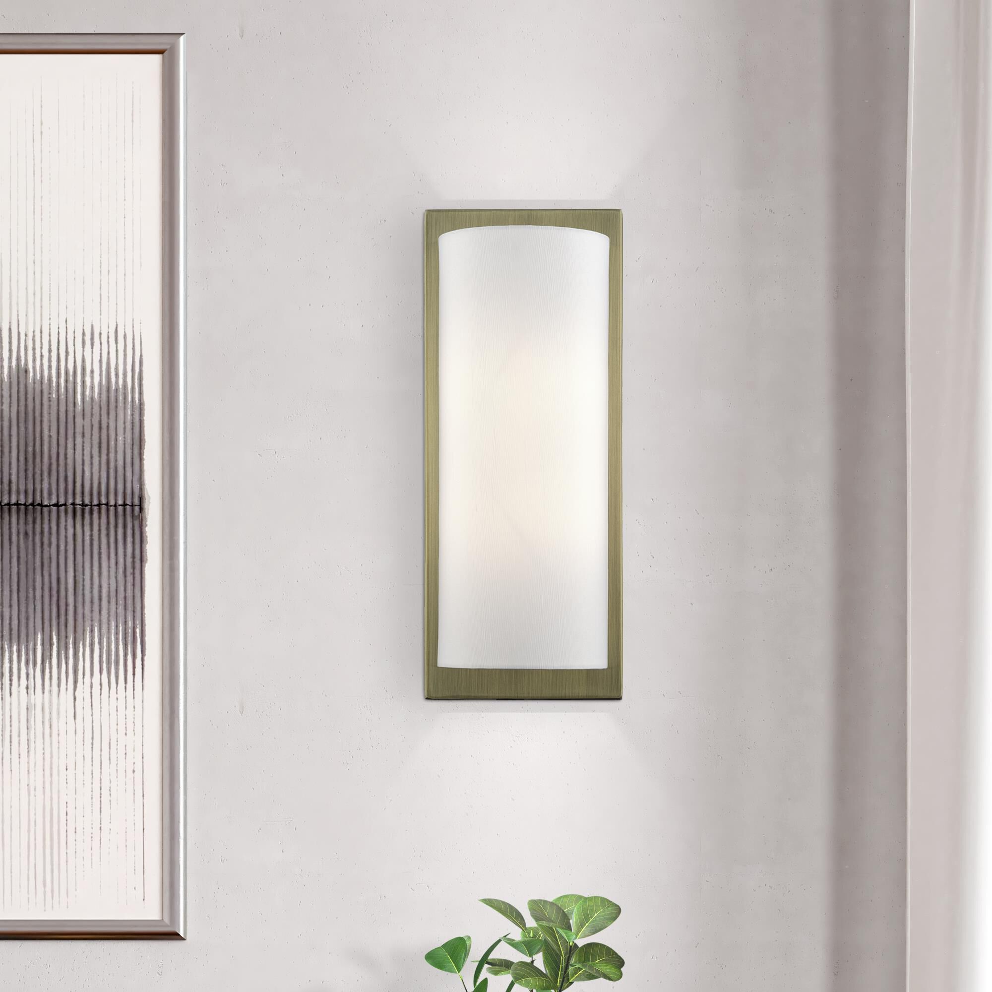 Shown in Antique Brass finish and Hand Crafted Off-White Fabric Hardback shade