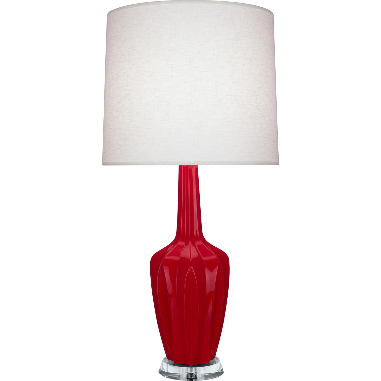 Shown in Ruby Red finish and Off White shade and Polished Nickel with Lucite accent