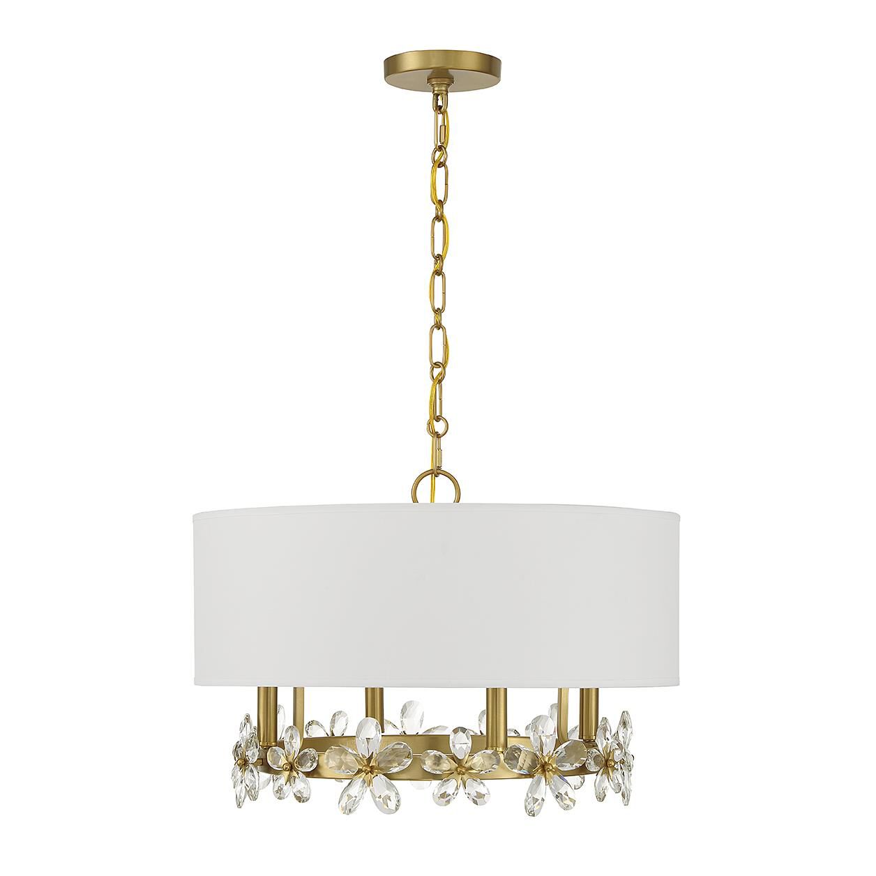 Shown in Warm Brass finish and Clear crystal and White Linen Fabric shade