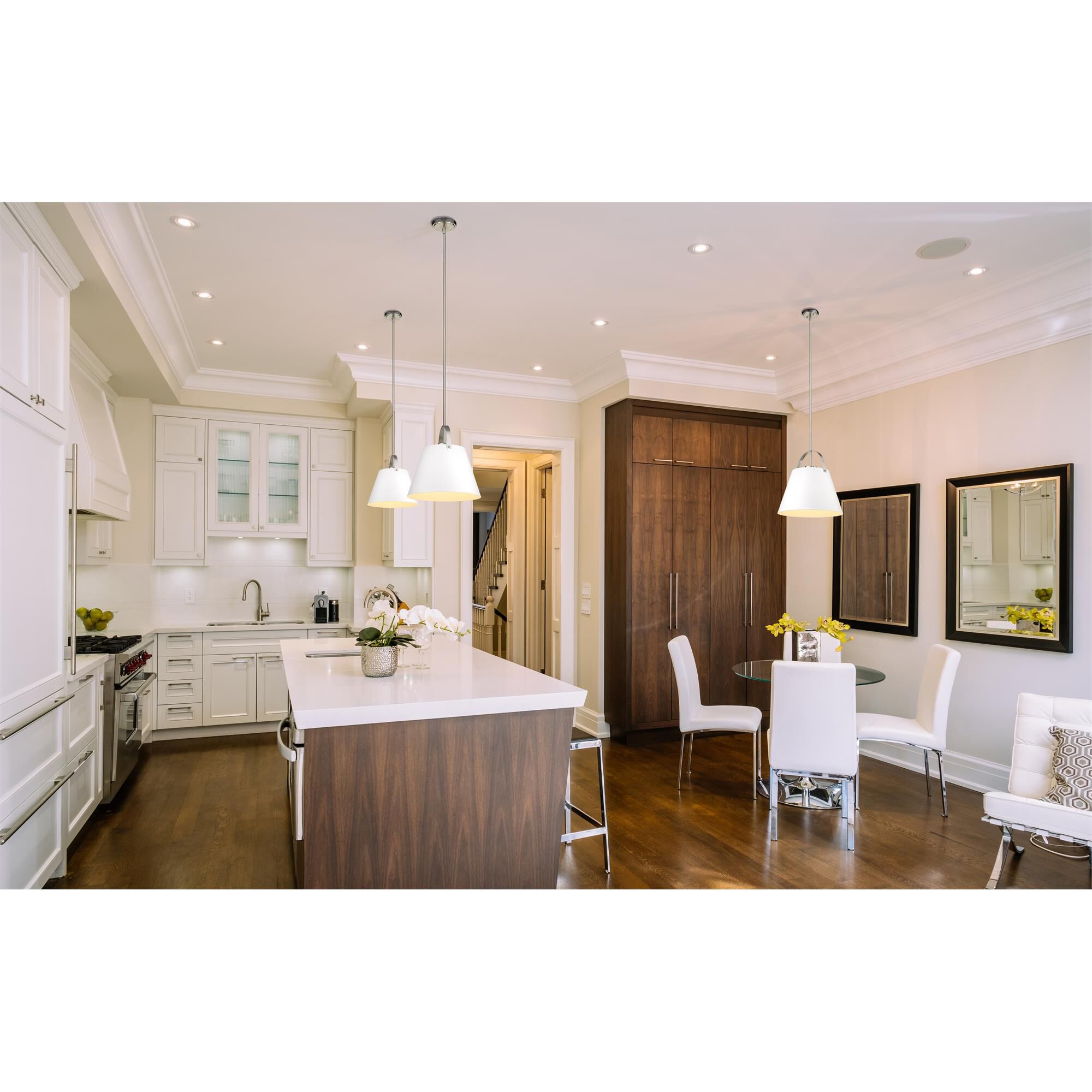 Shown in Matte White + Brushed Nickel finish and Metal glass and Metal shade