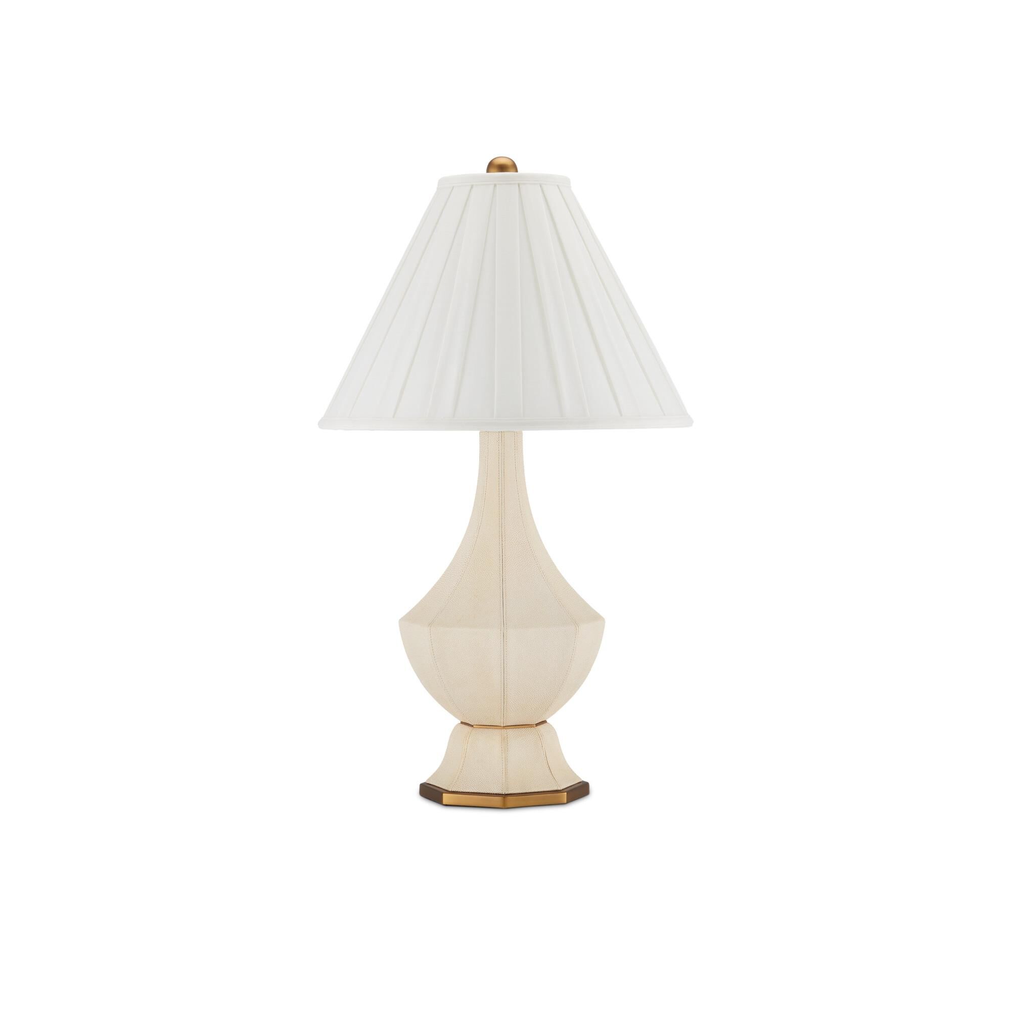 Shown in Beige/Antique Brass finish and Off-White Linen shade