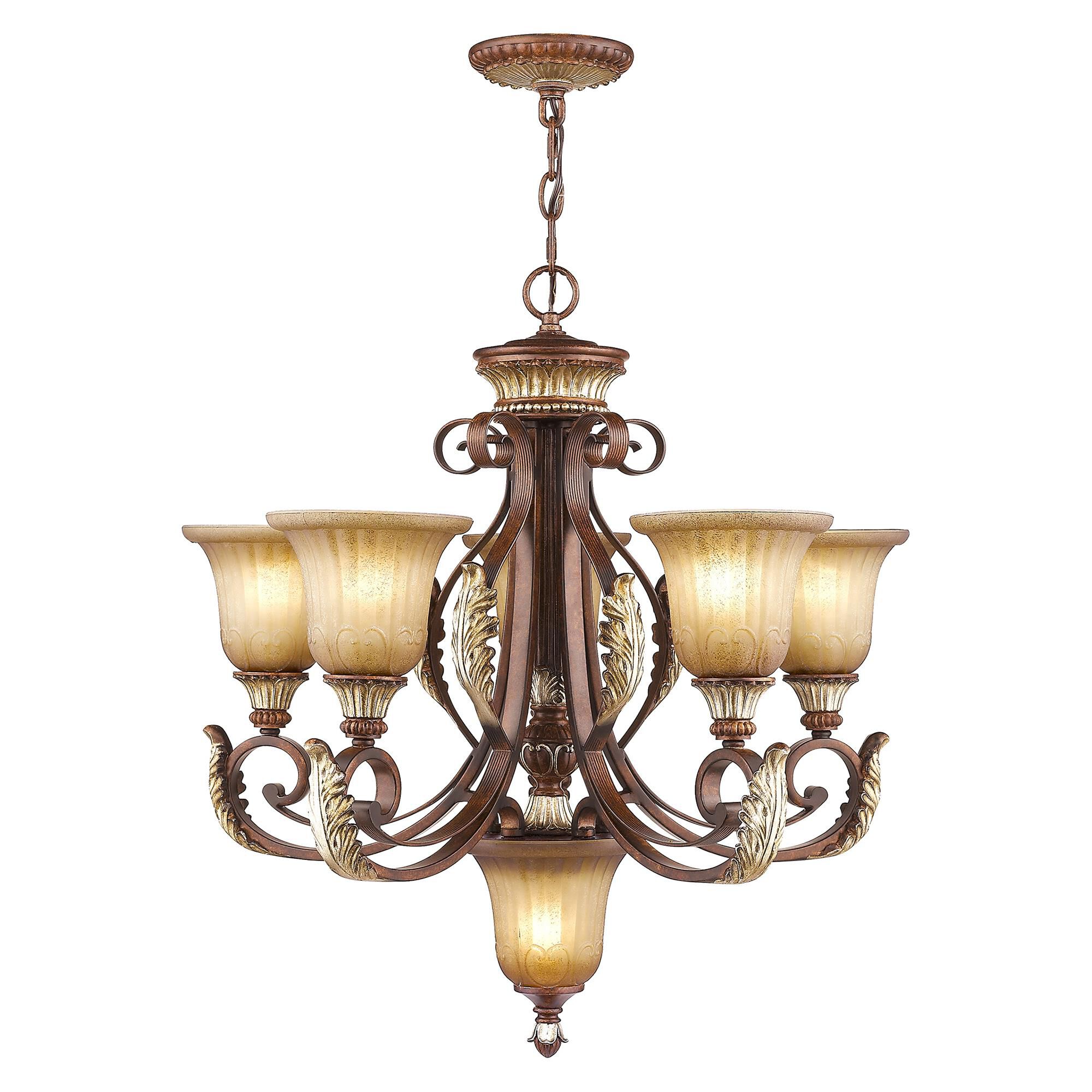 Shown in Verona Bronze-Aged Gold Leaf Accents finish and Rustic Art glass
