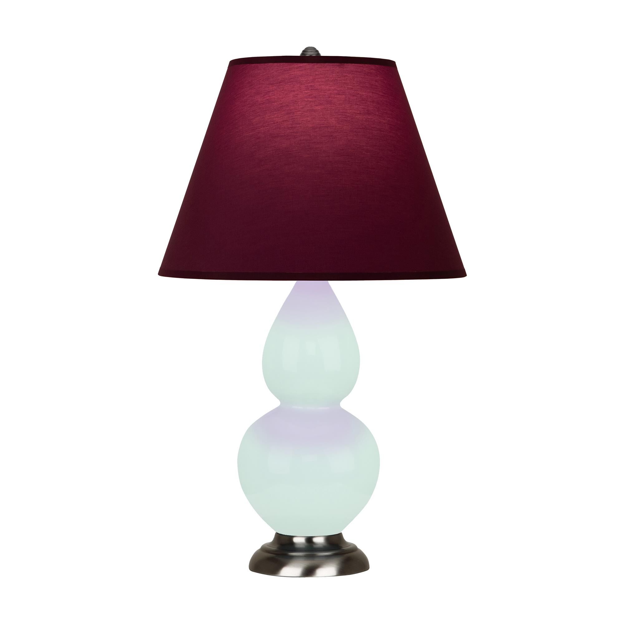 Shown in Mint Glazed finish and Plum and Lavender shade and Antique Silver accent