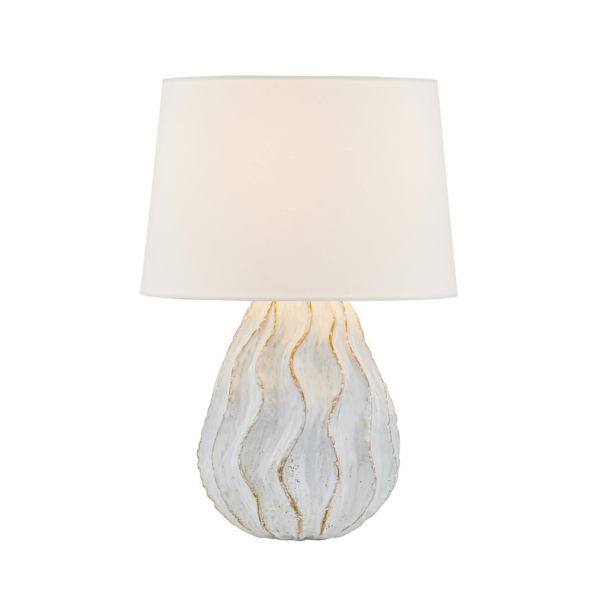 Shown in Aged Brass and Ceramic Sea Salt finish and White Linen shade