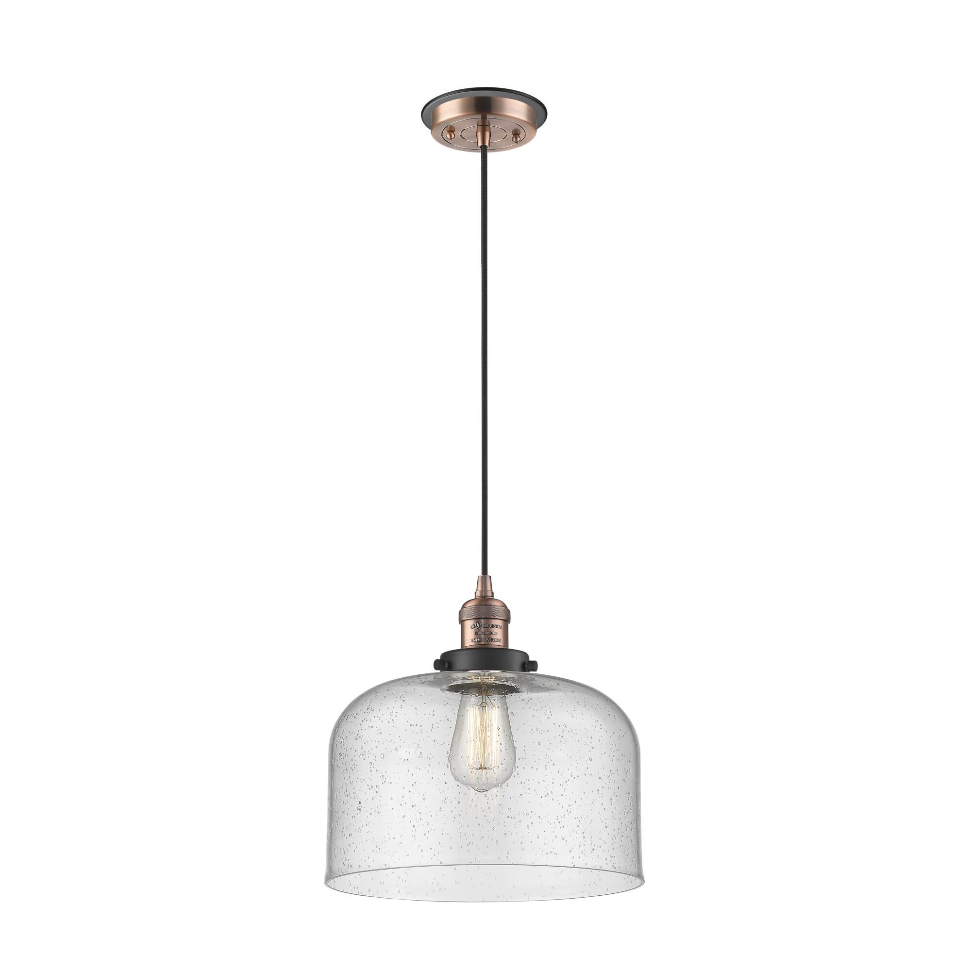 Shown in Antique Copper finish and Seedy X-Large Bell glass and Matte Black accent