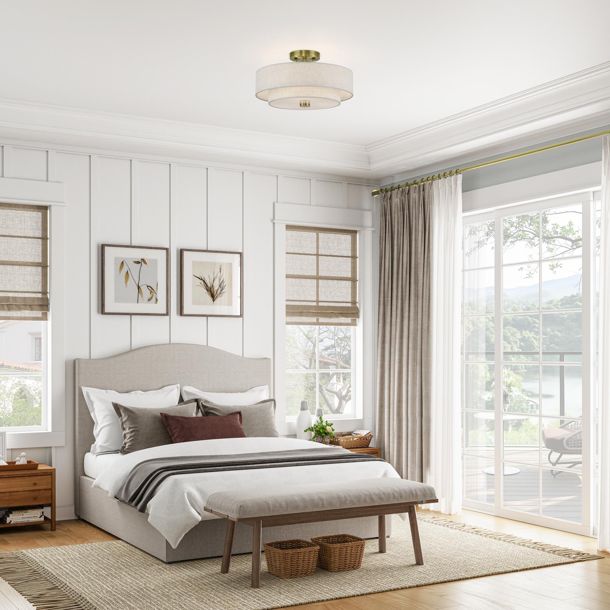 Shown in Antique Brass finish and Hand Crafted Oatmeal Color Fabric with White Color Inside shade