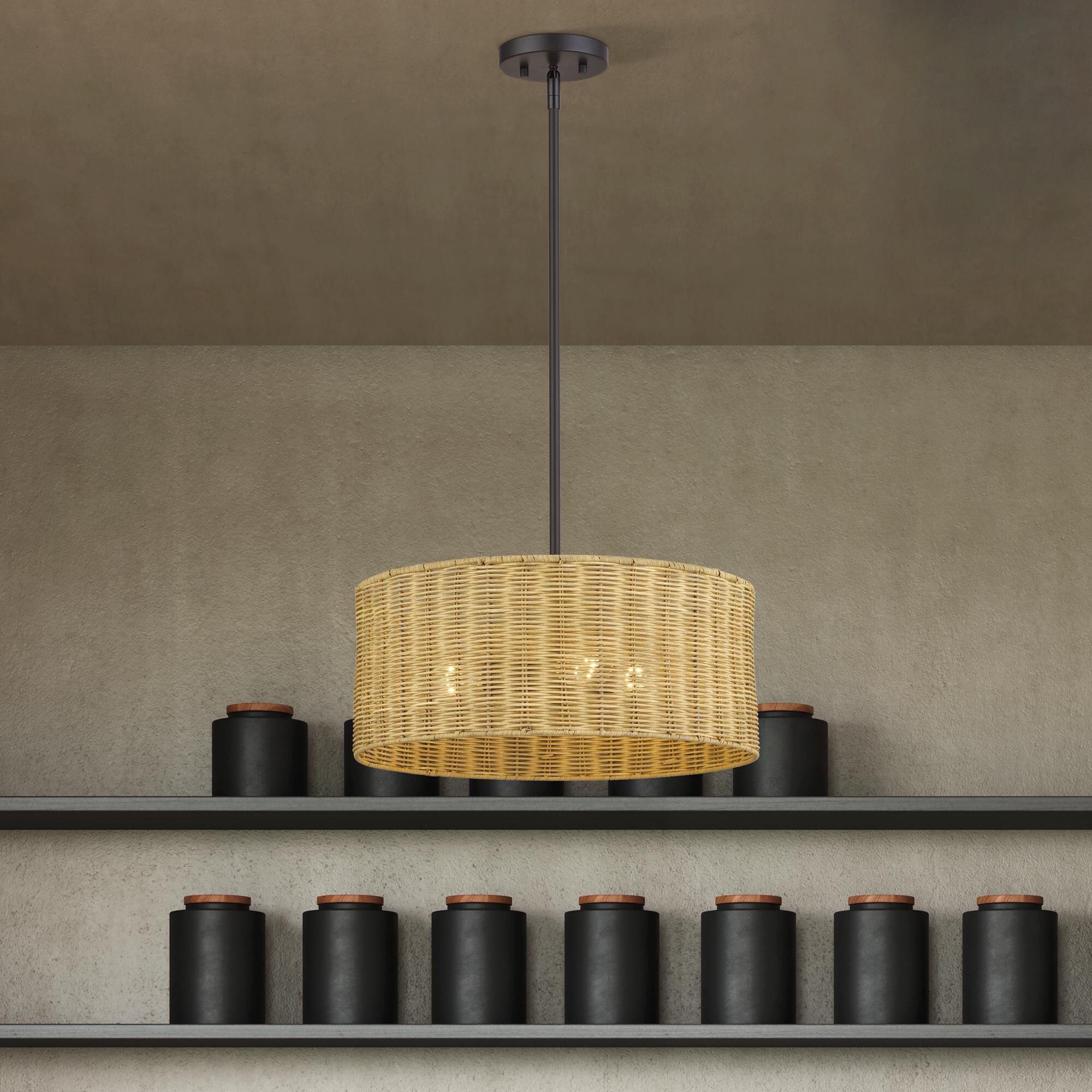 Shown in Bronze finish and Hand-Woven Rustic Walnut Color Rattan shade