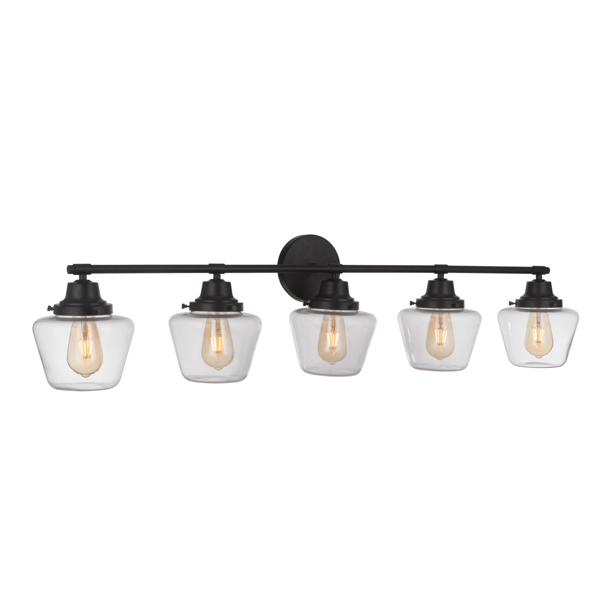 Shown in Flat Black finish and Clear glass and Glass shade