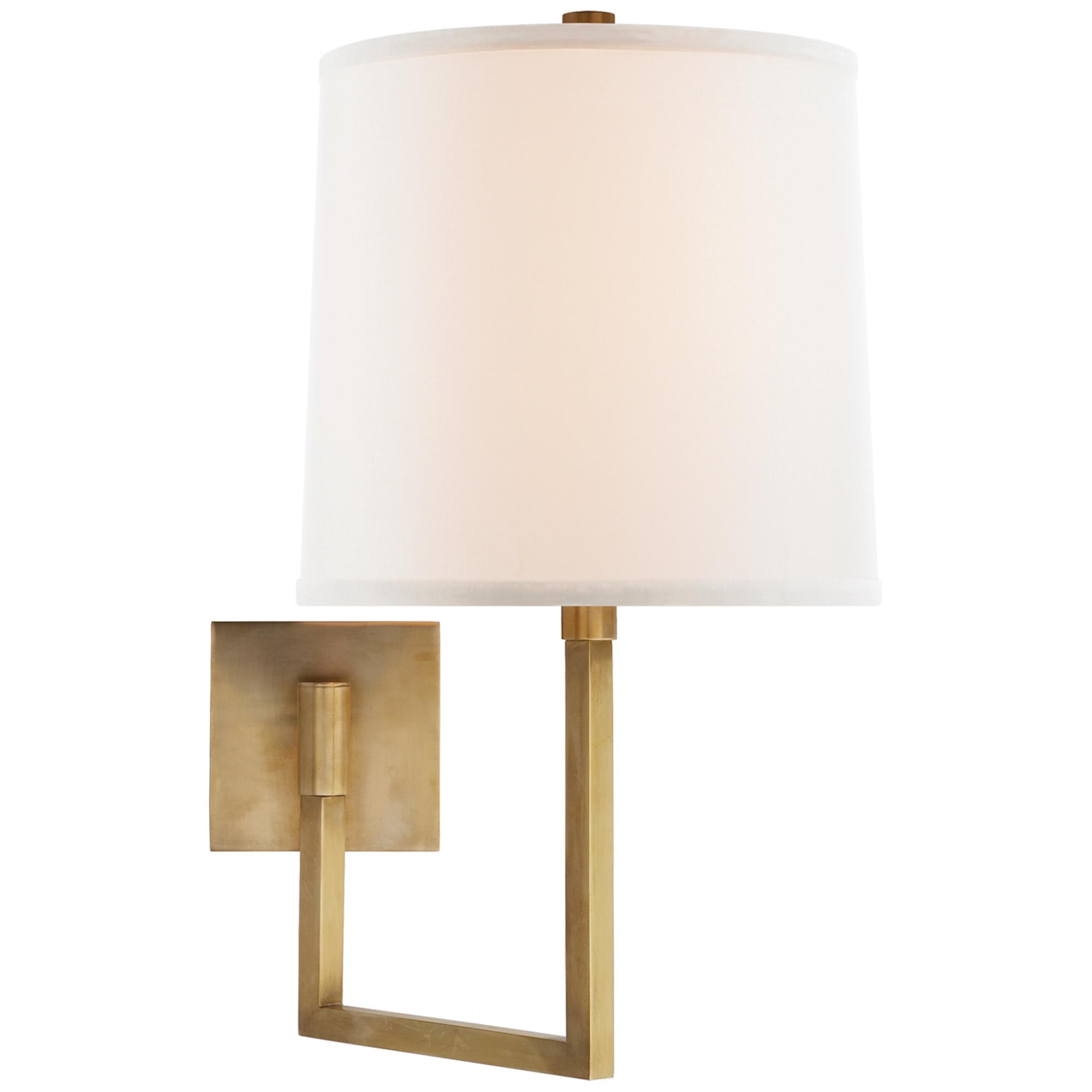 Shown in Soft Brass finish and Linen shade