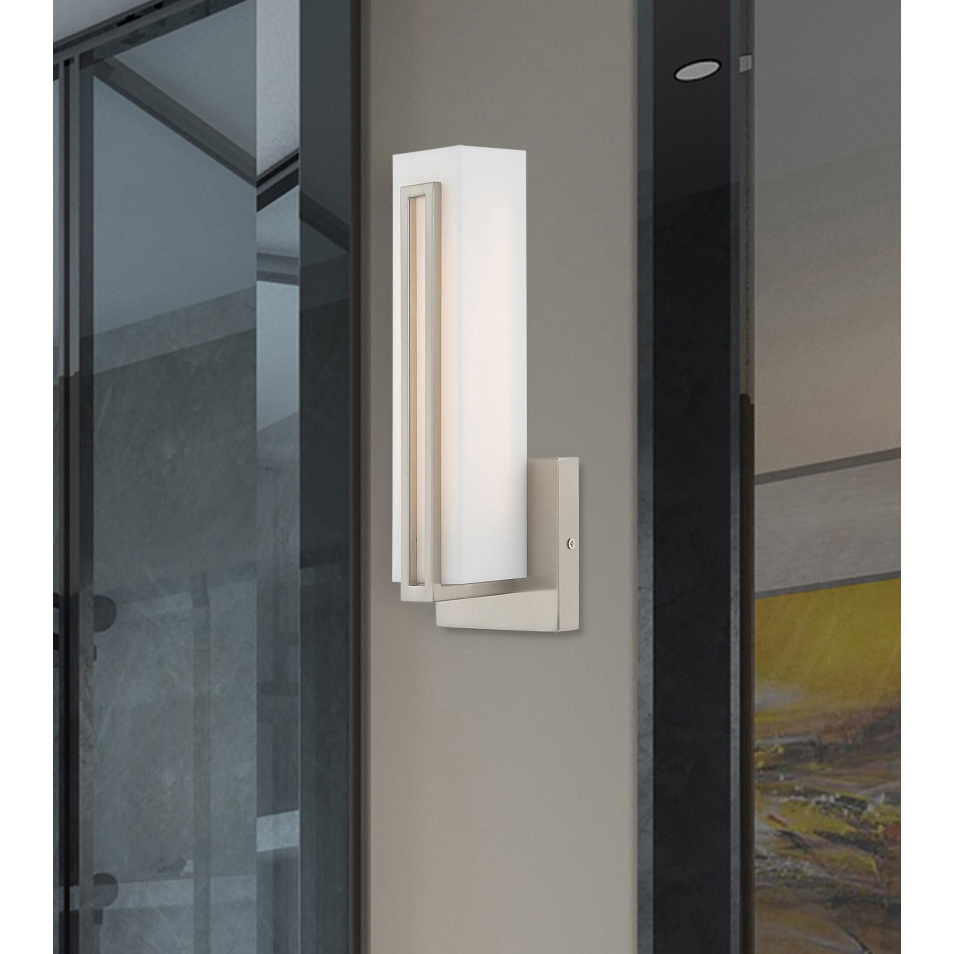 Shown in Brushed Nickel finish and Satin White Acrylic shade