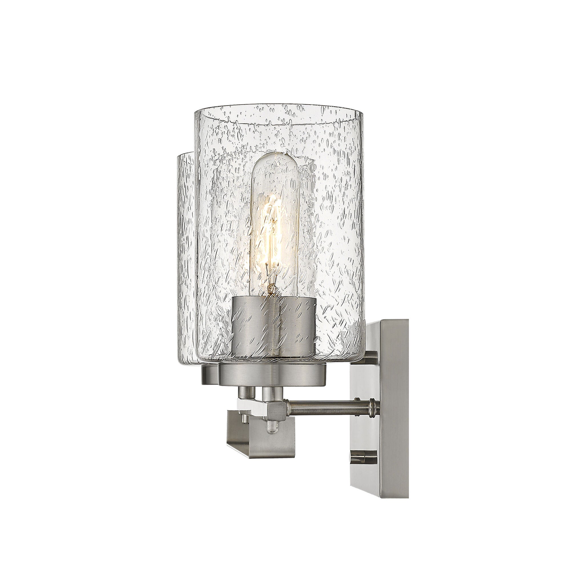 Shown in Satin Nickel finish and Clear glass and Clear, Seeded Cylindrical Glass s shade