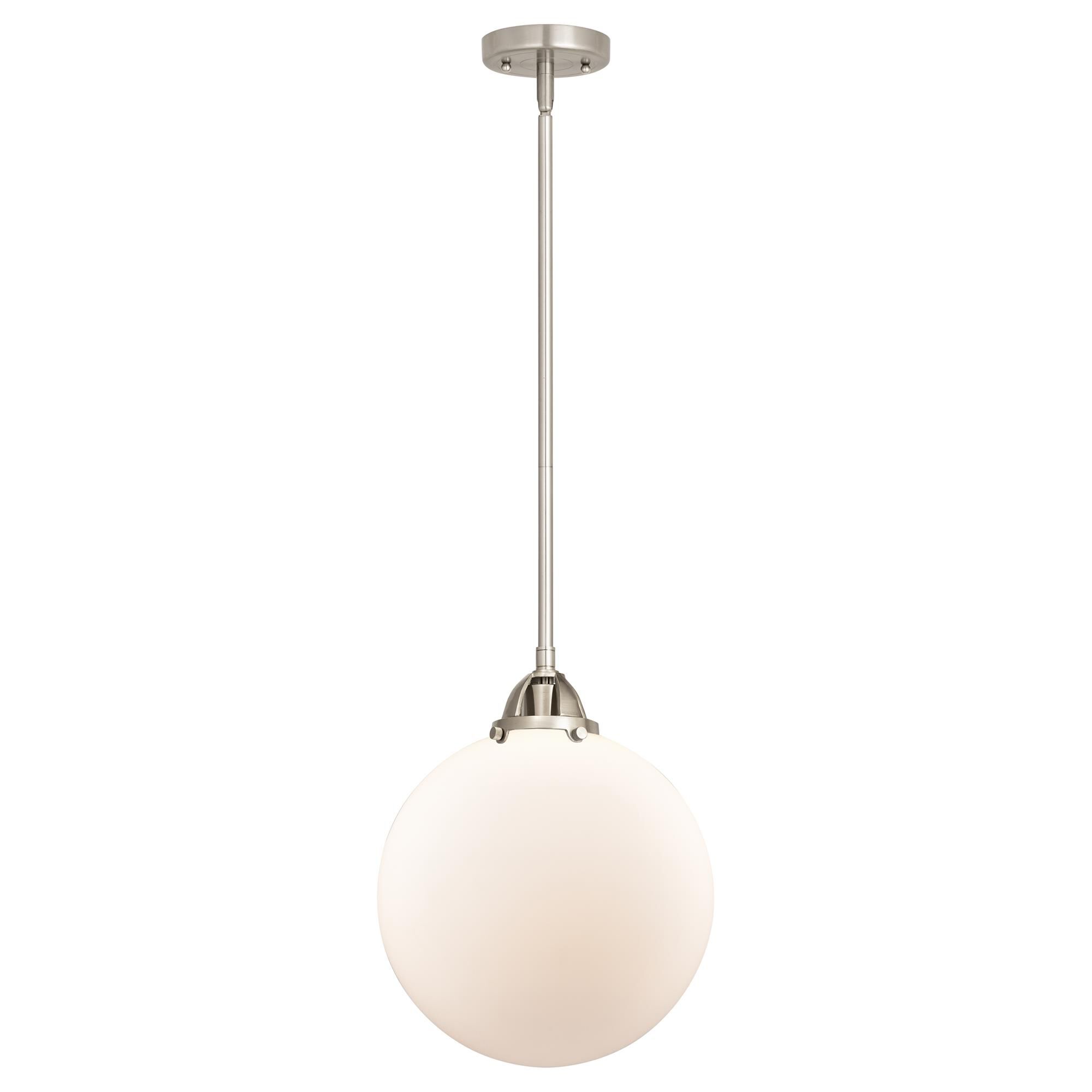 Shown in Brushed Satin Nickel finish and Matte White Cased Beacon glass and No Shade shade