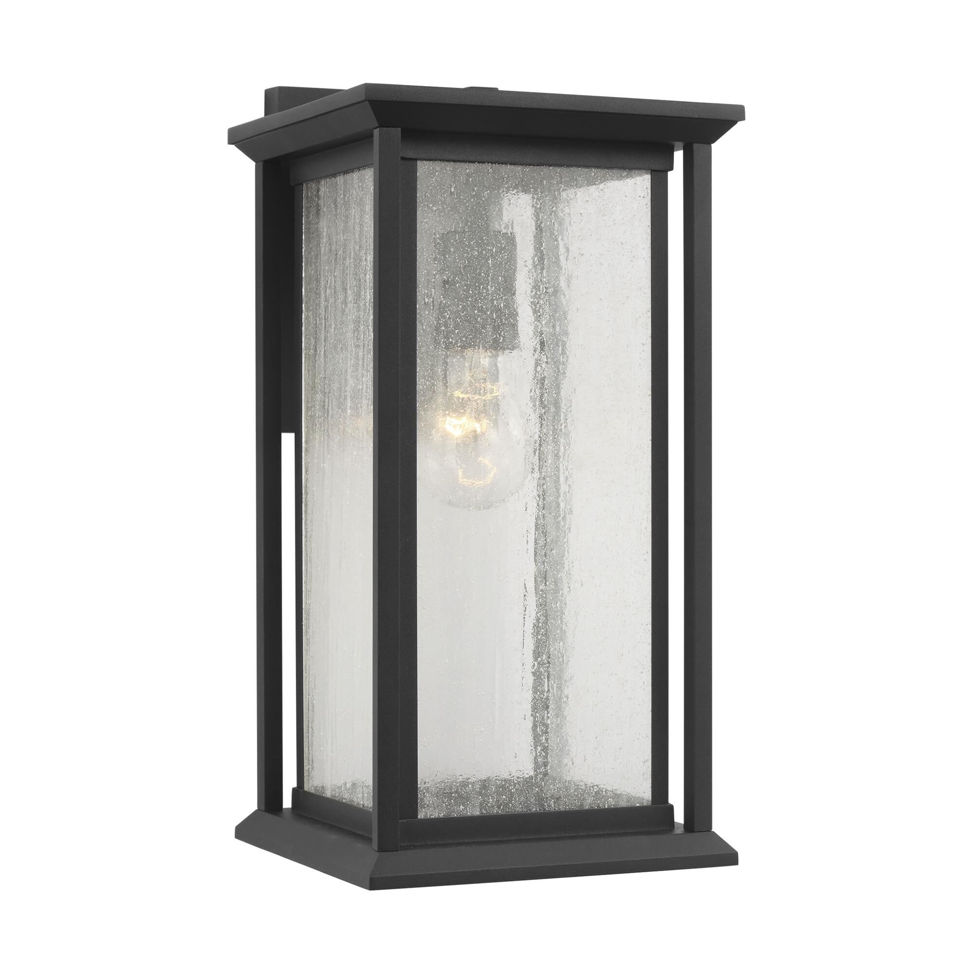 Shown in Textured Black finish and Distressed Seeded Glass Panels shade