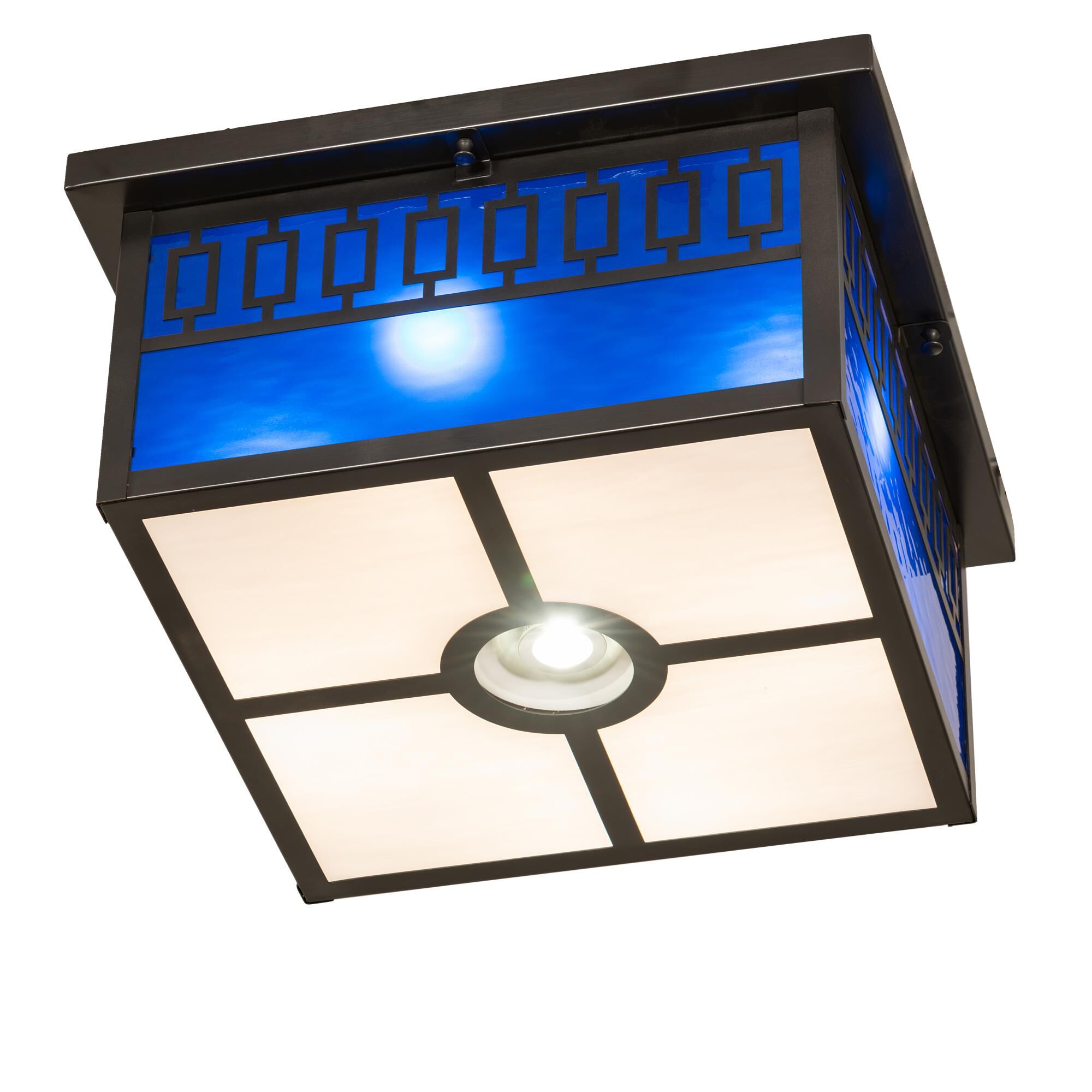Shown in Craftsman Brown Finish finish and Blue;White glass