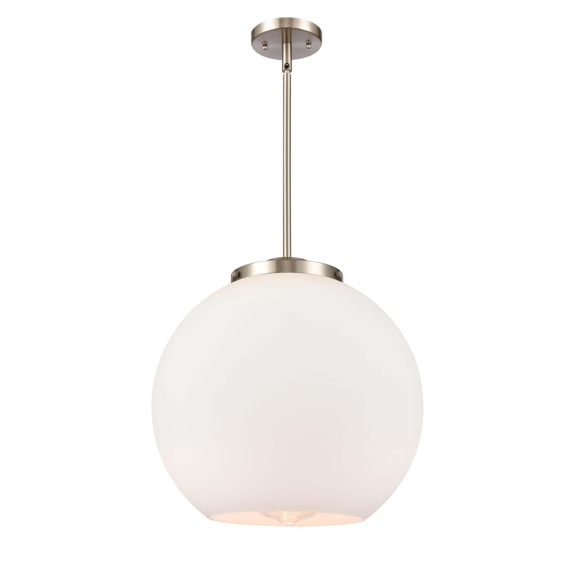 Shown in Brushed Satin Nickel finish and Cased Matte White glass