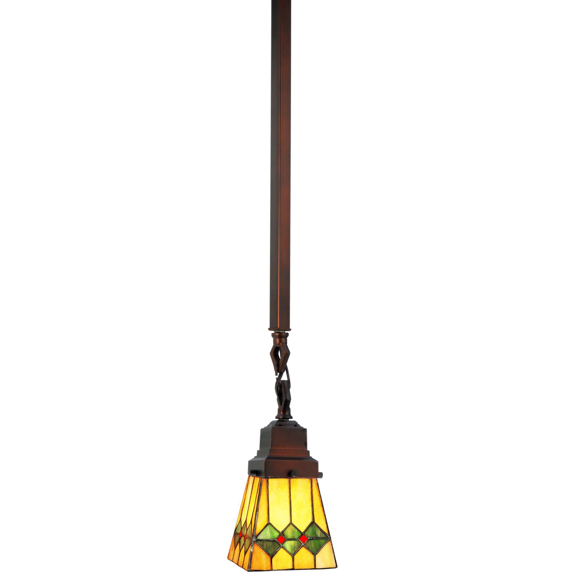 Shown in Mahogany Bronze finish and Olive Green-Pimento Red-Honey Amber glass