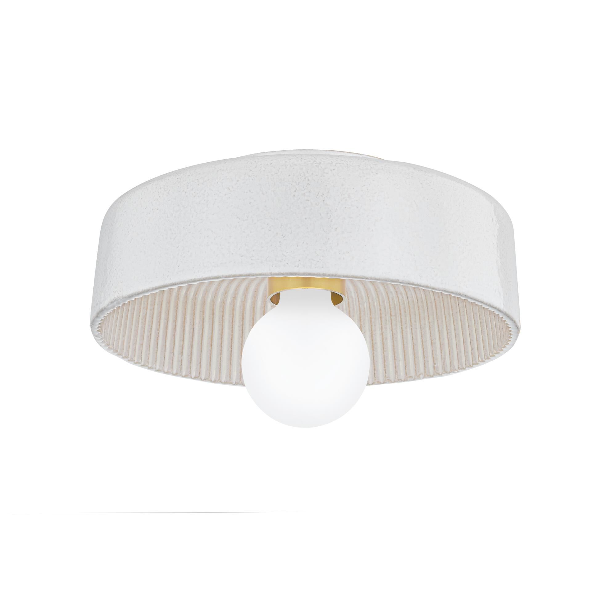 Shown in Aged Brass and Ceramic Reactive White finish and White Ceramic glass