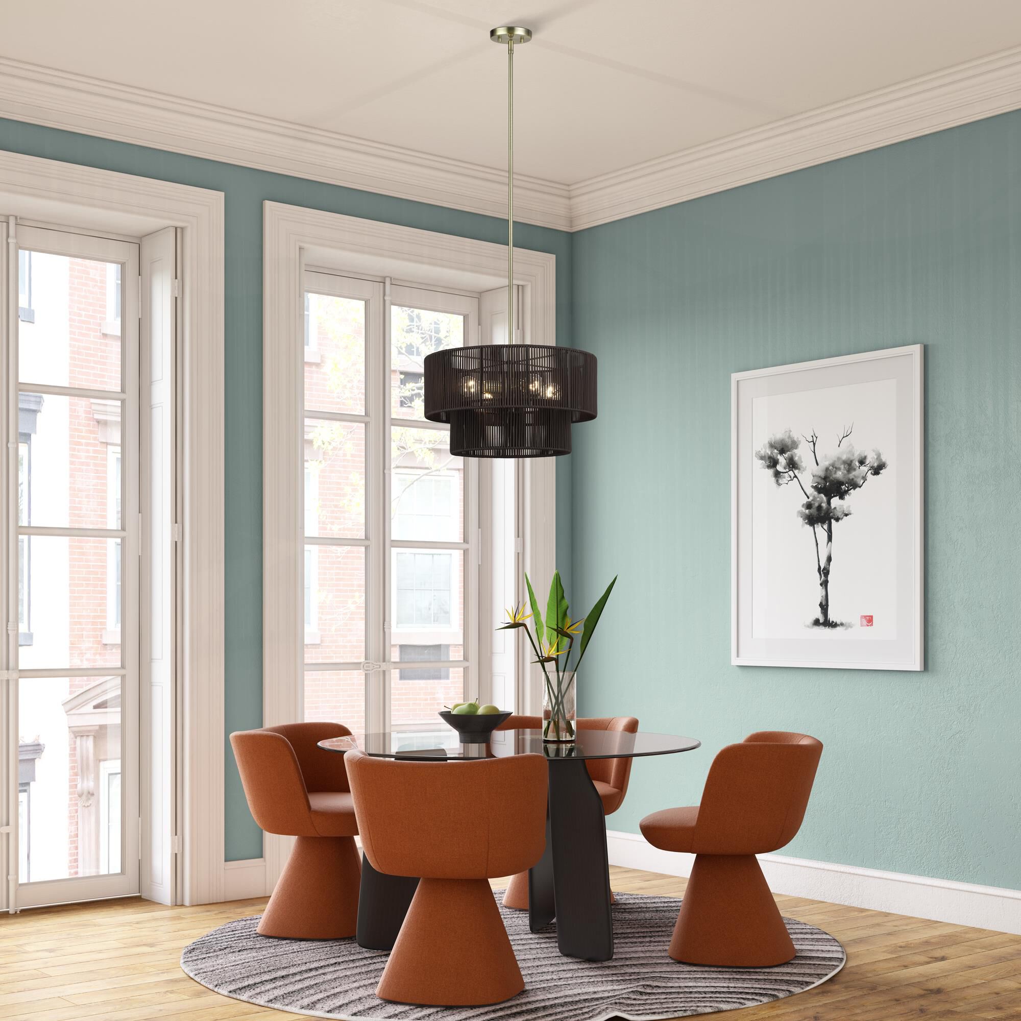 Shown in Antique Brass finish and Hand-Woven Dark Chocolate Color Polyester Rope shade